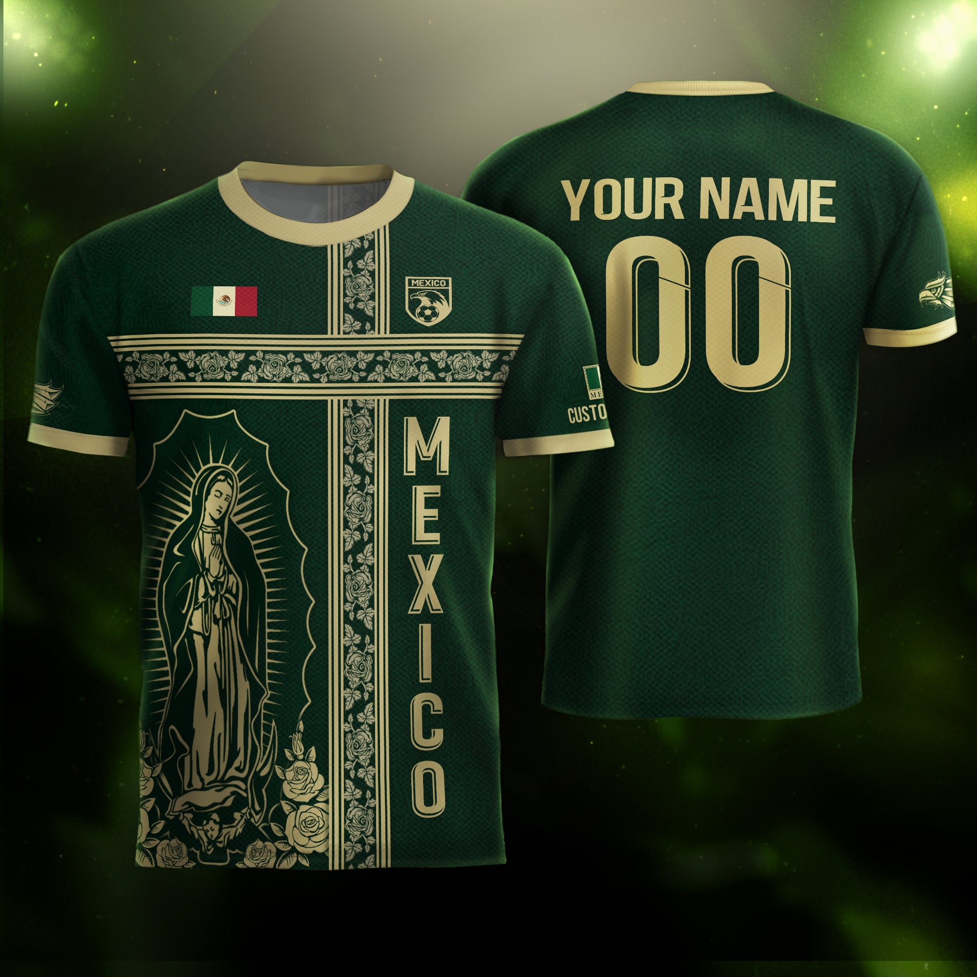 Custom Mexico Jersey Green Gold Our Lady of Guadalupe Design