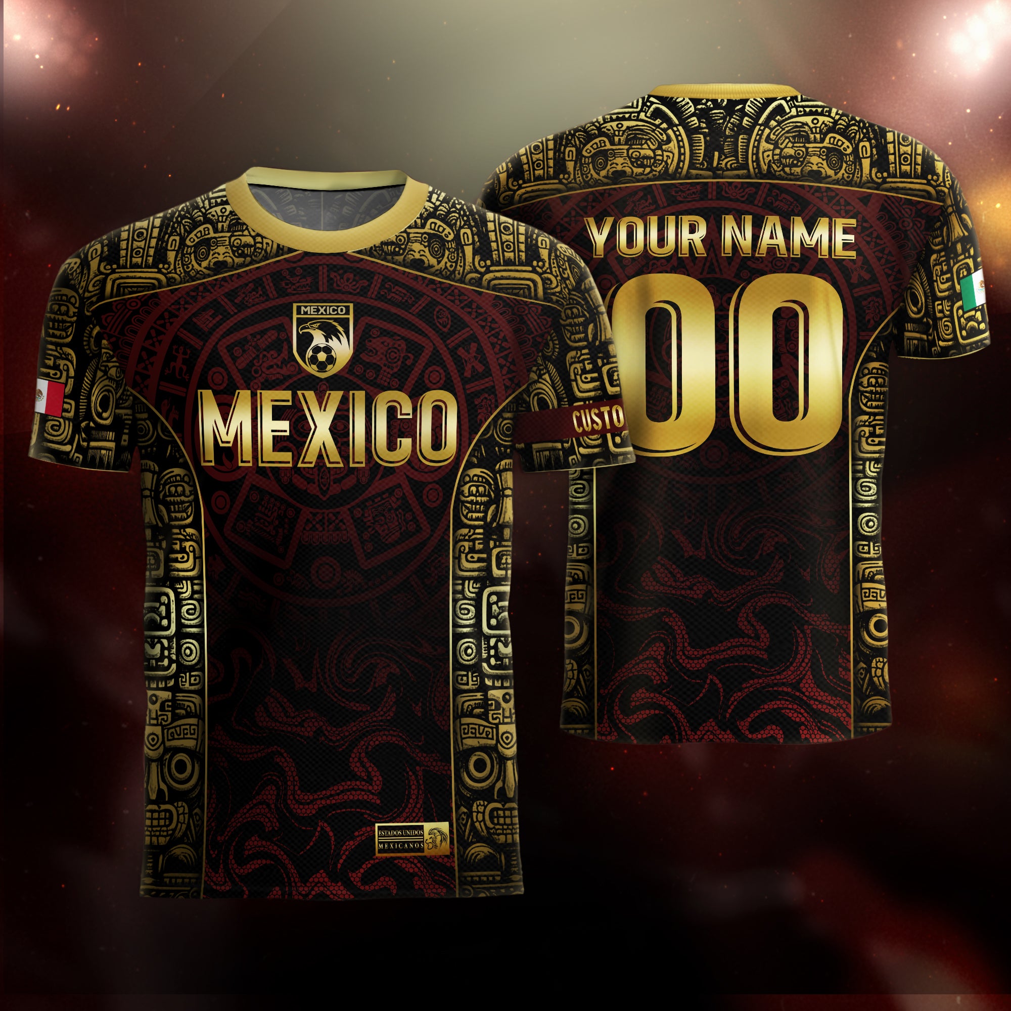 Custom Mexico Jersey Black Red Gold Aztec Calendar Design
