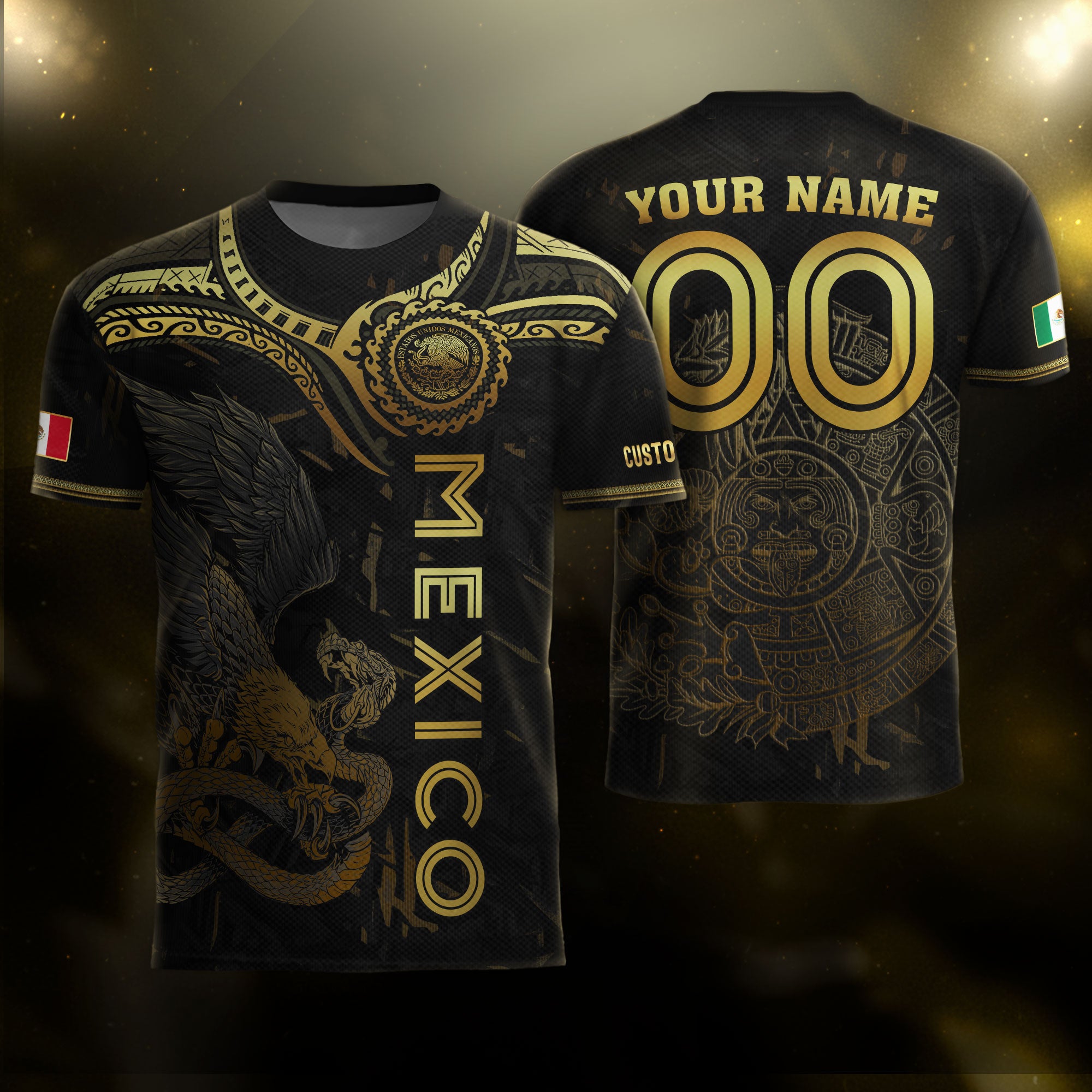 Custom Mexico Jersey Black Gold Eagle Serpent Aztec Design