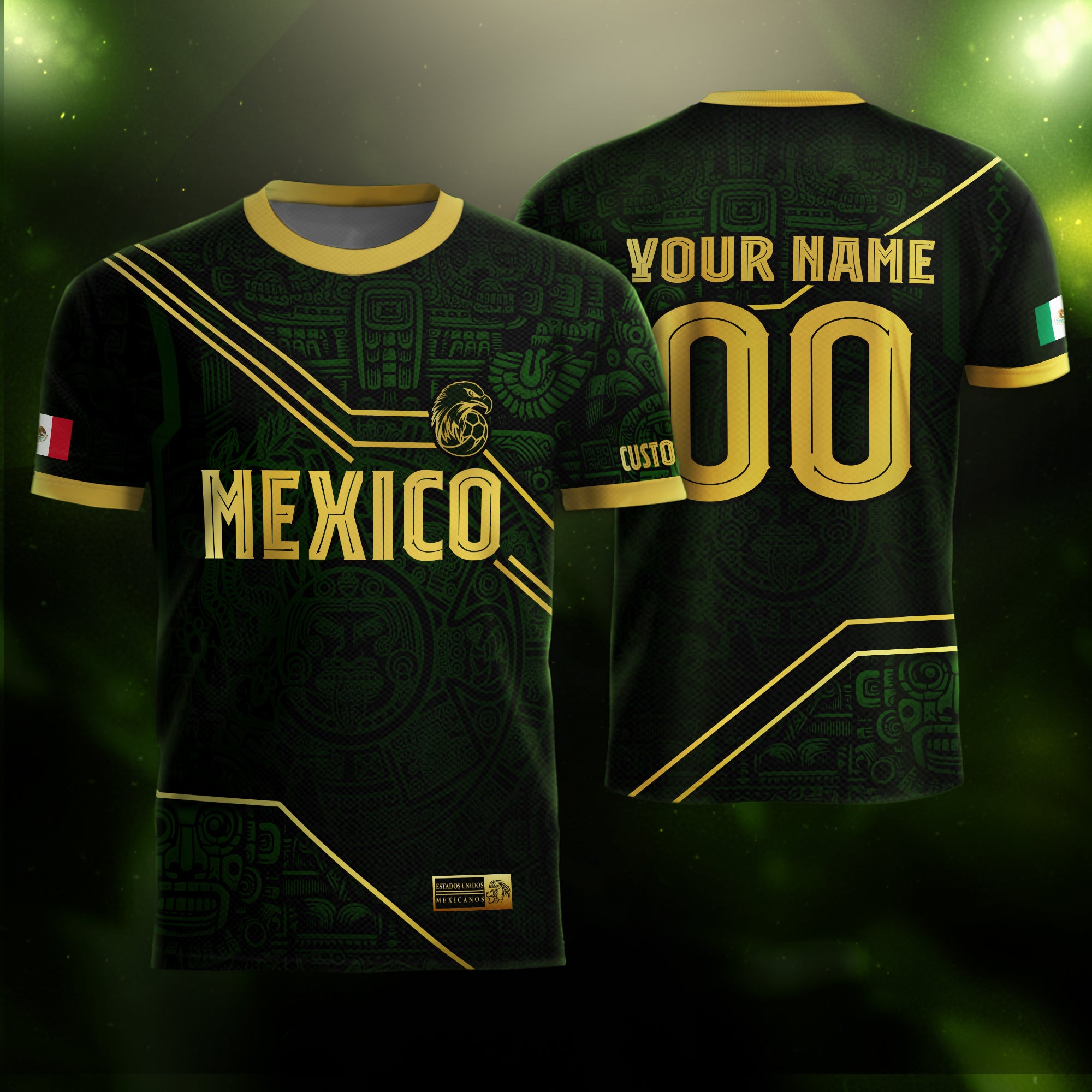 Custom Mexico Jersey Black Green Gold Aztec Heritage Design
