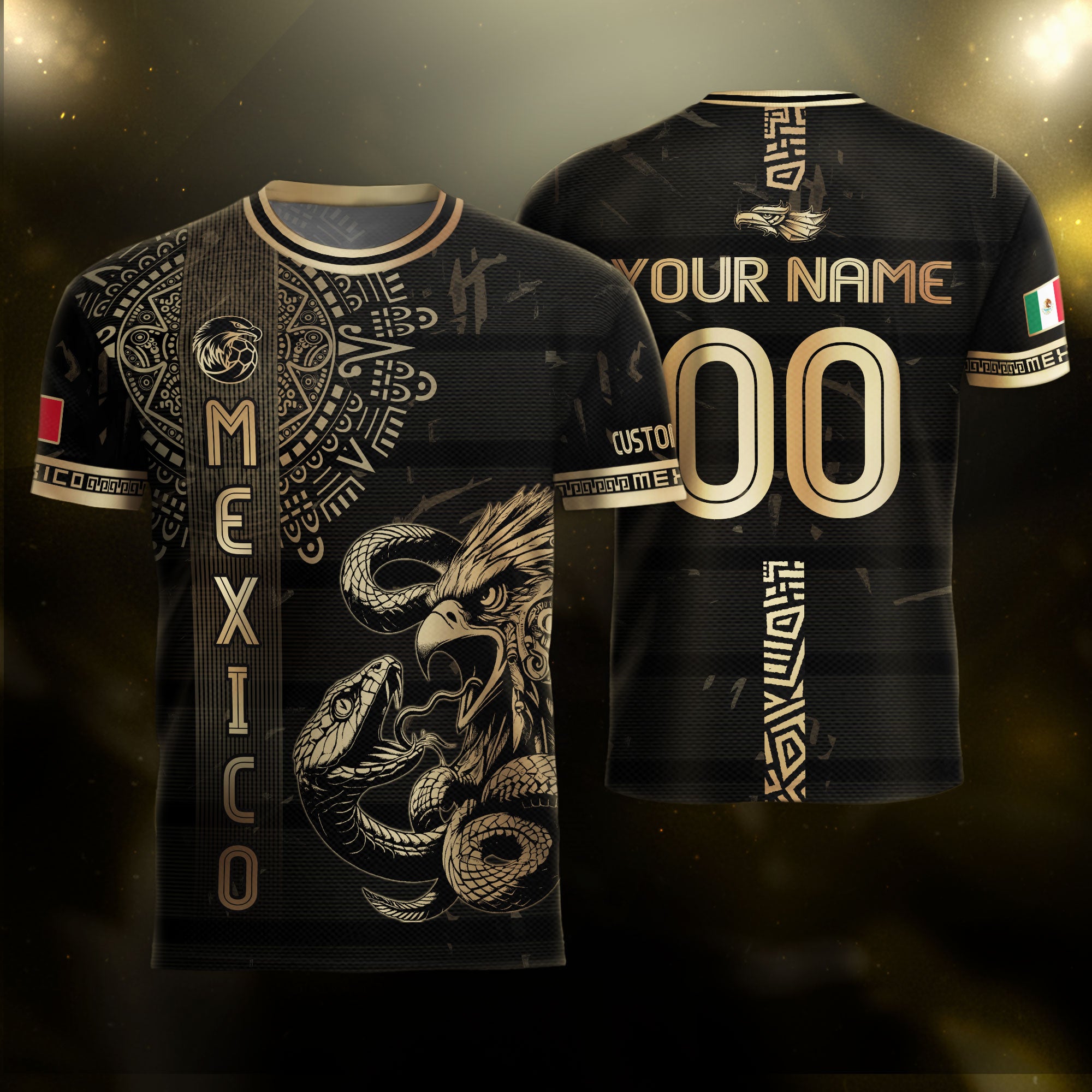 Custom Mexico Jersey Black Gold Eagle Serpent Aztec Warrior Design