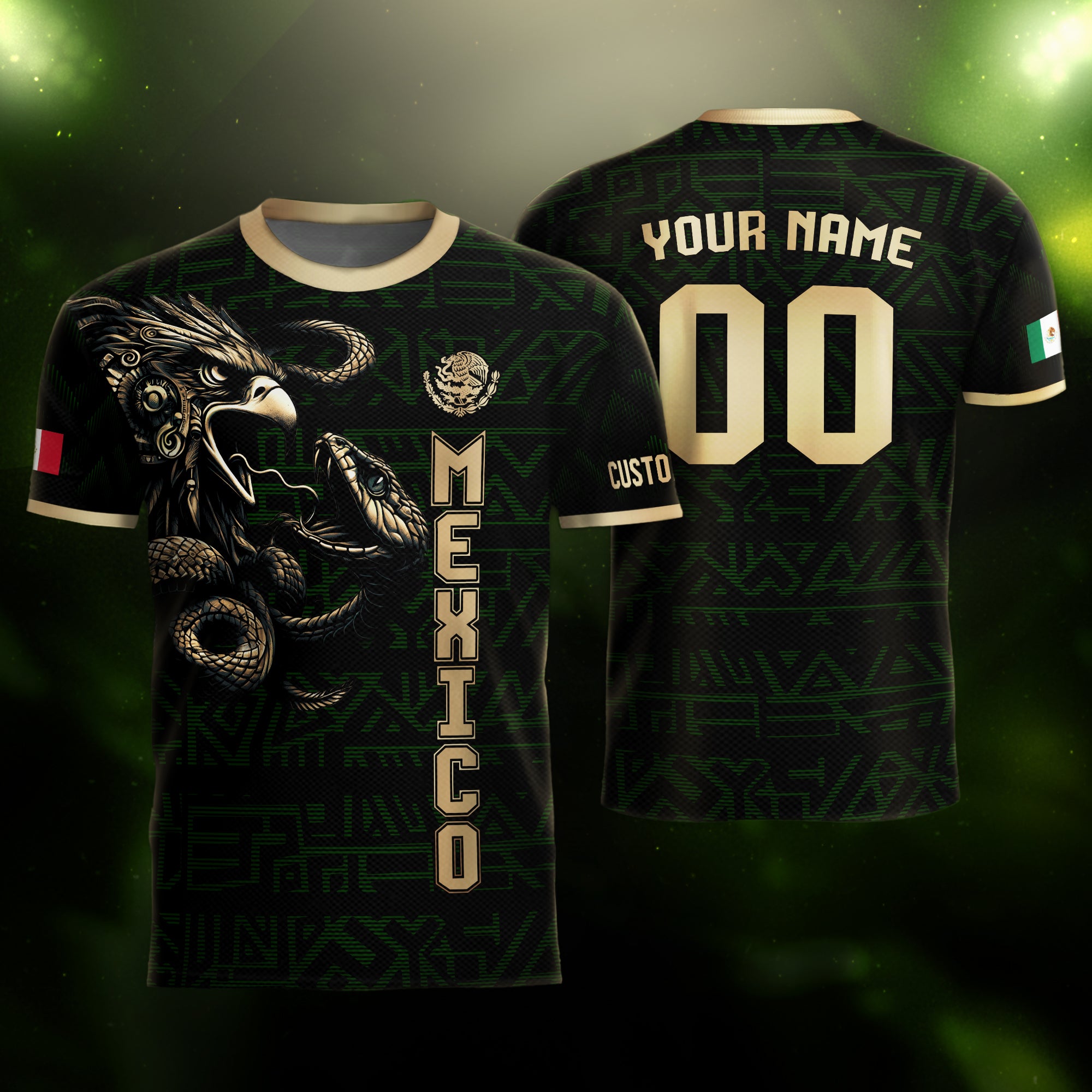 Custom Mexico Soccer Jersey Black Gold Aztec Eagle Design