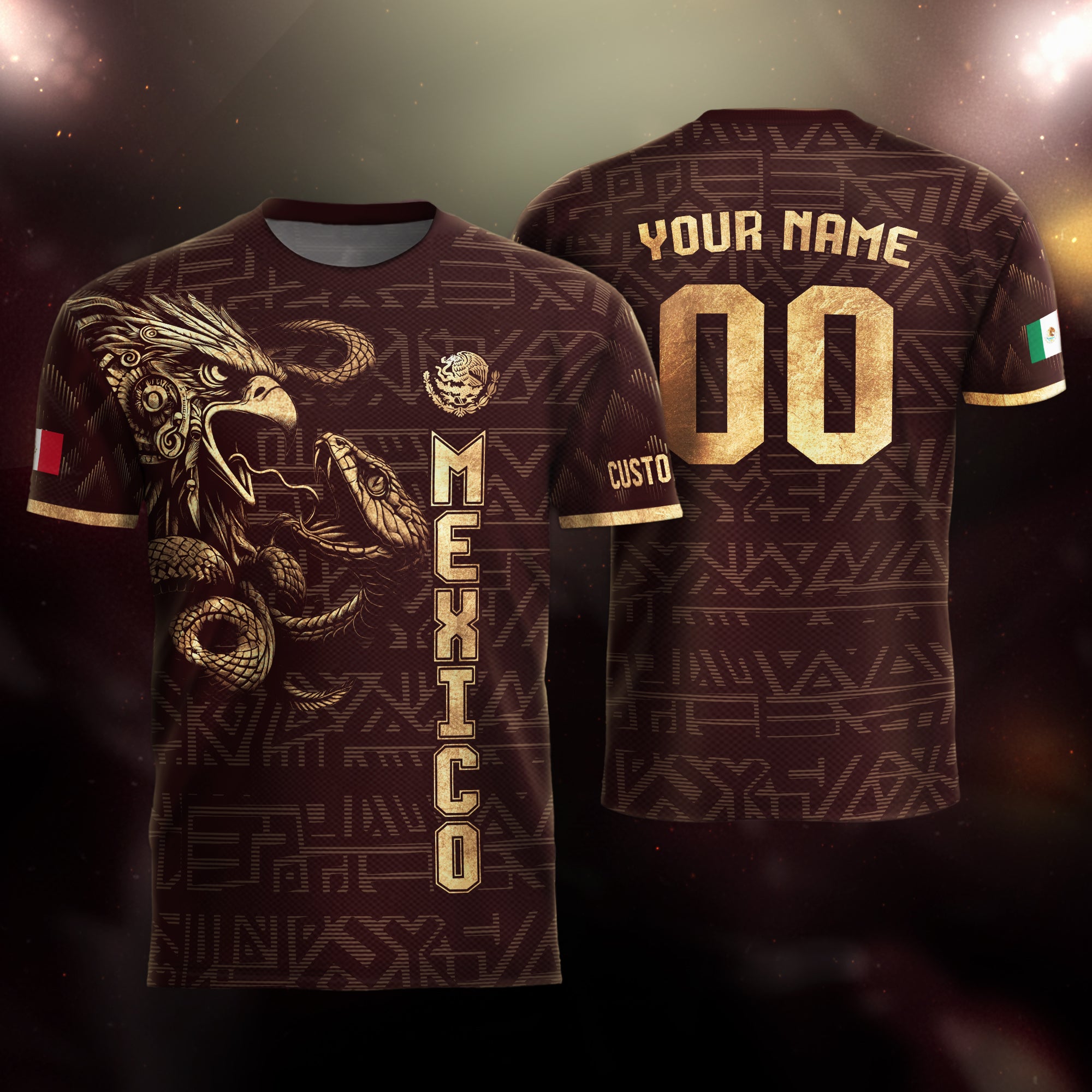 Custom Mexico Soccer Jersey Burgundy Gold Aztec Eagle Design