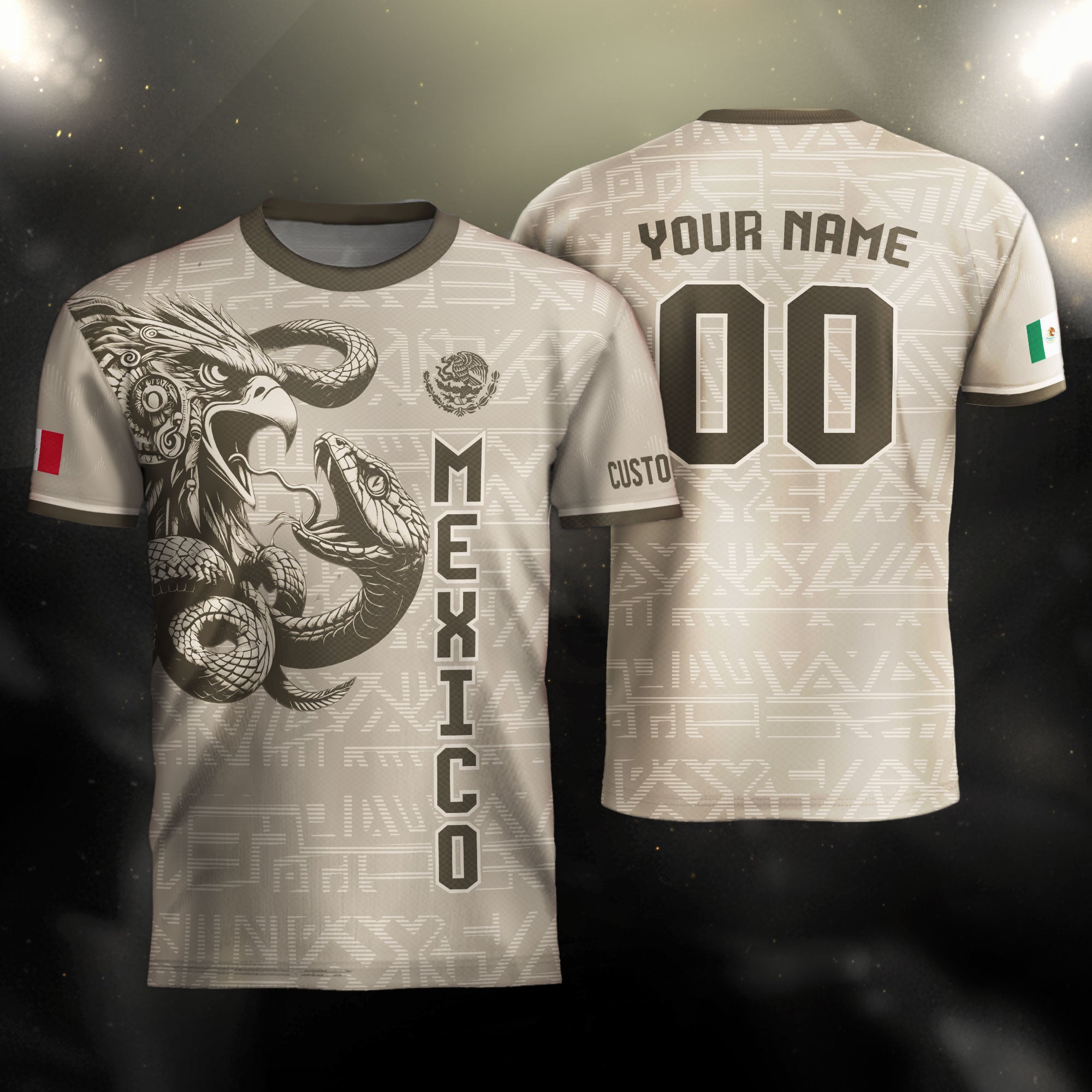 Custom Mexico Soccer Jersey Beige Aztec Eagle Design
