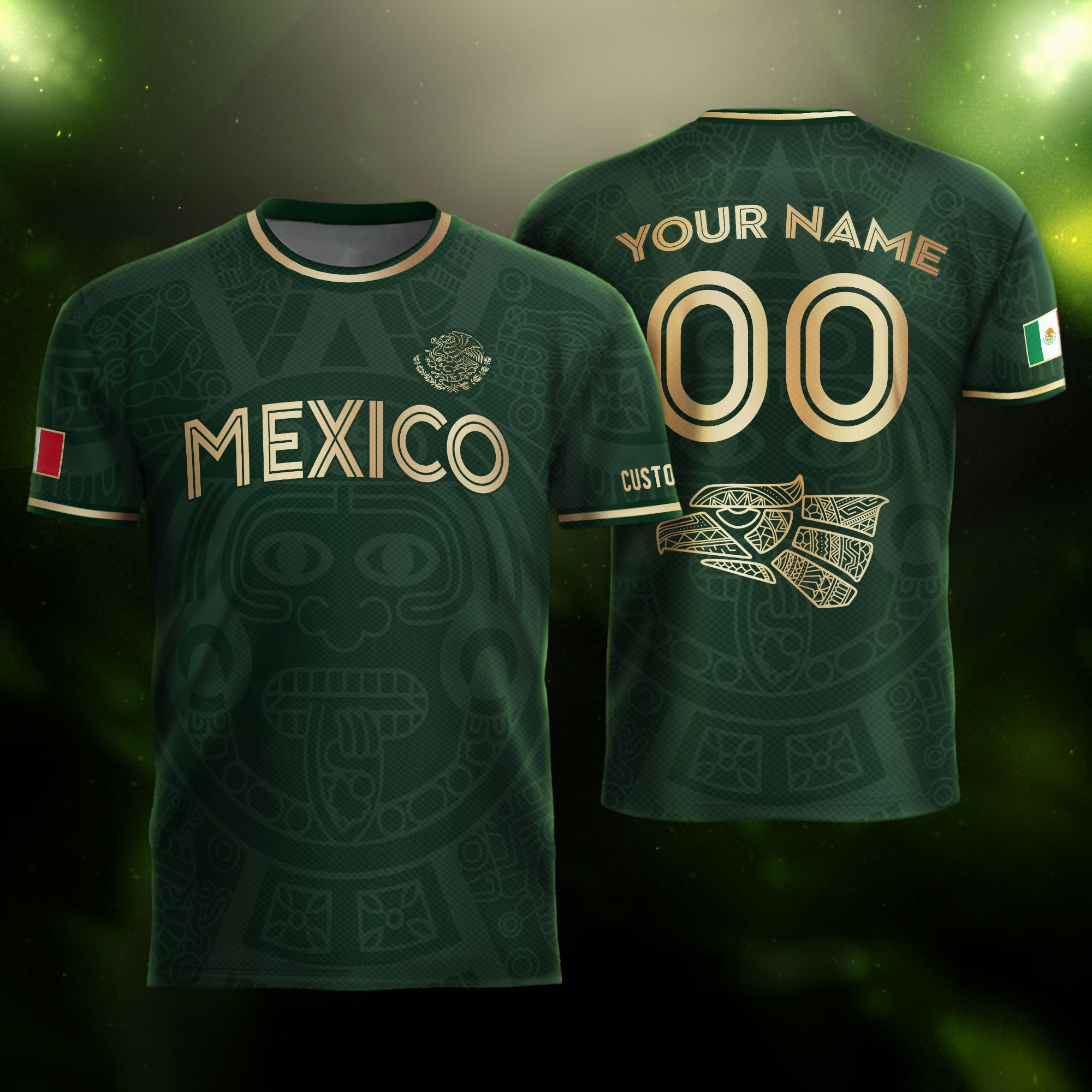 Custom Mexico Soccer Jersey Green Gold Aztec Calendar Design