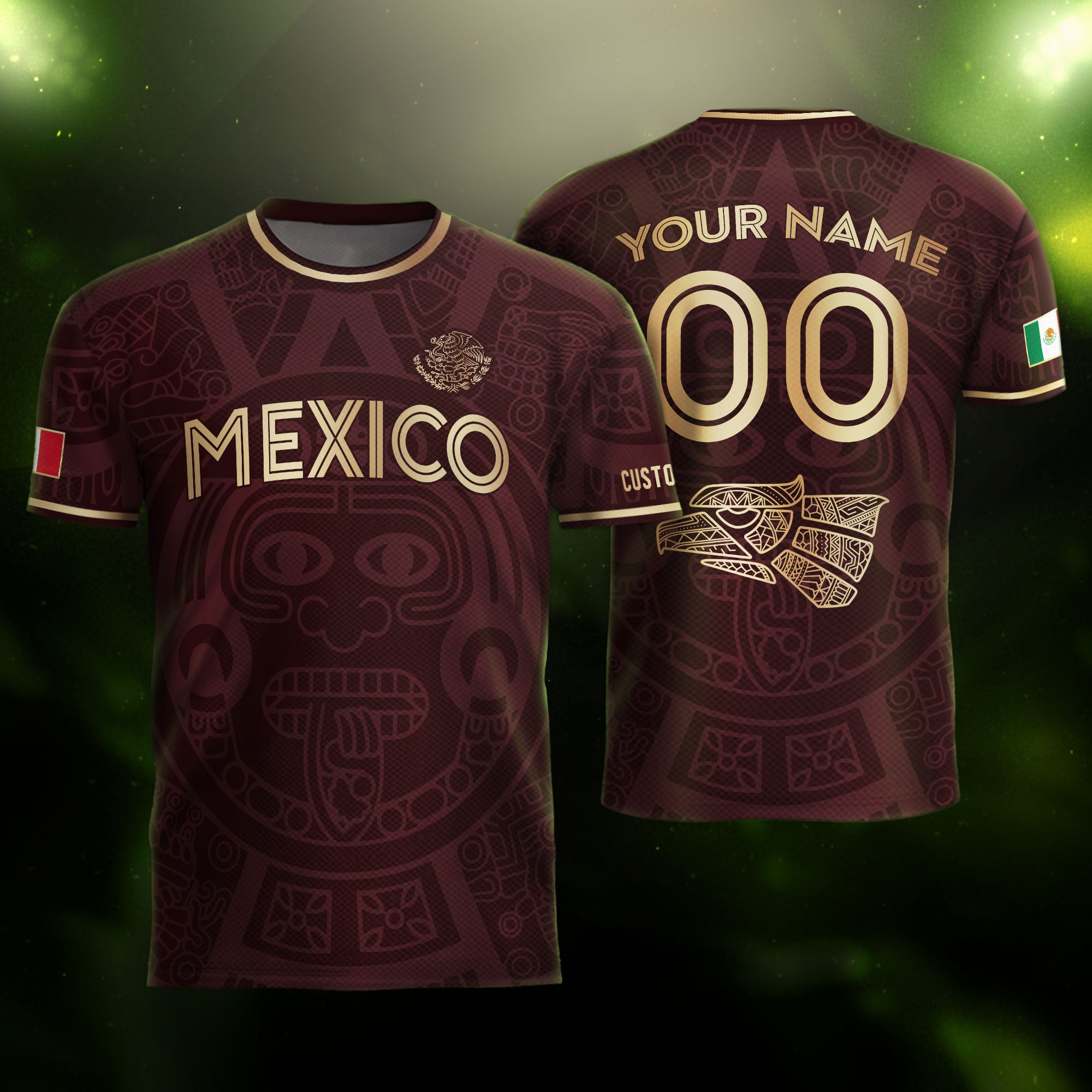 Custom Mexico Soccer Jersey Maroon Gold Aztec Calendar Design