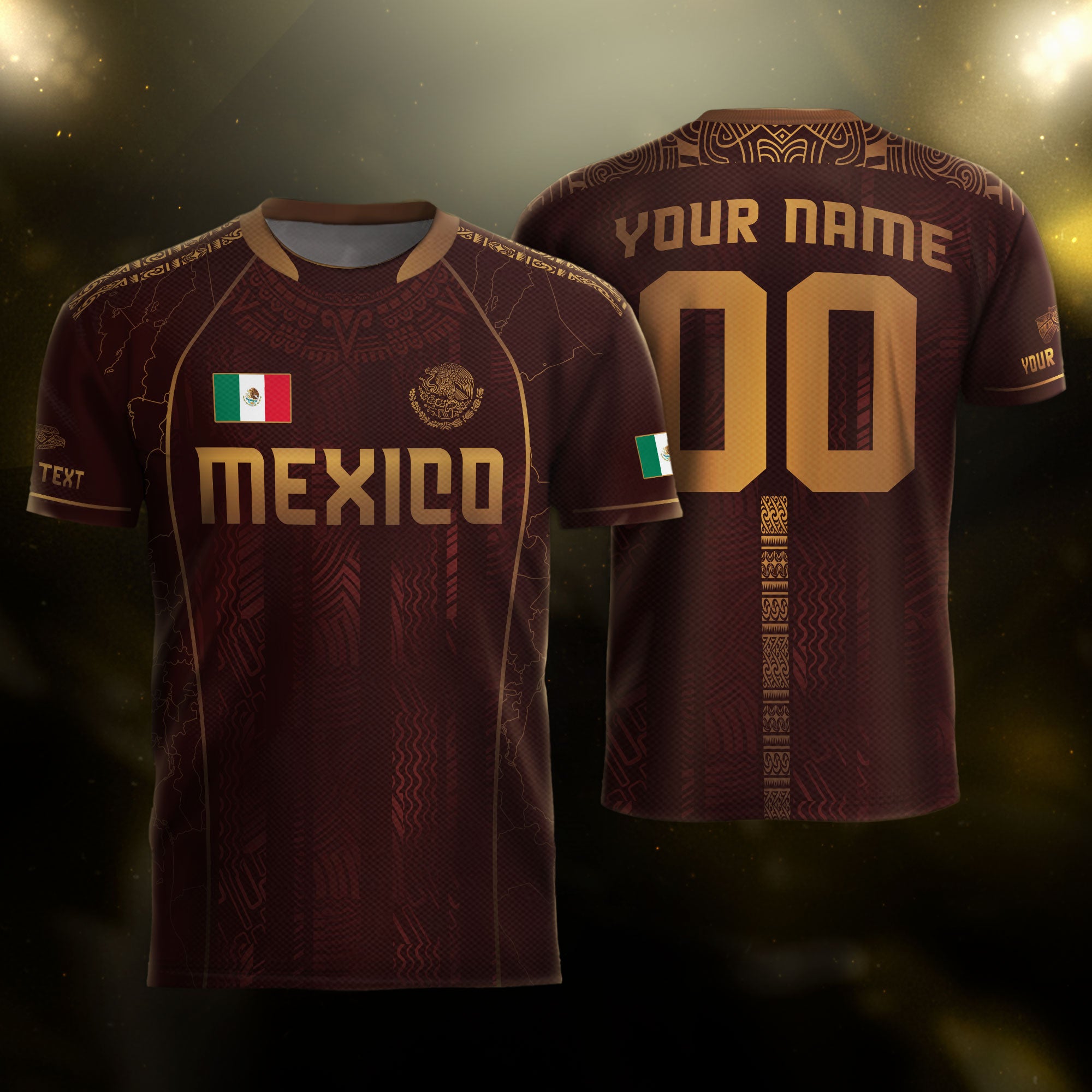 Custom Mexico Soccer Jersey Burgundy Gold Aztec Pattern Heritage Design