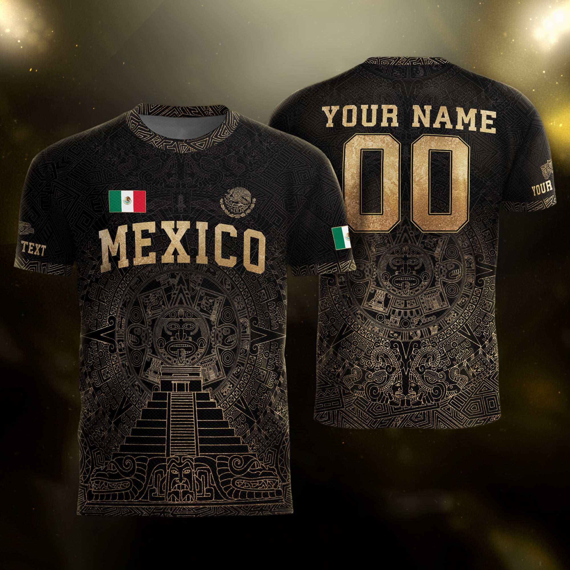 Custom Mexico Soccer Jersey Black Gold Aztec Calendar Heritage Design