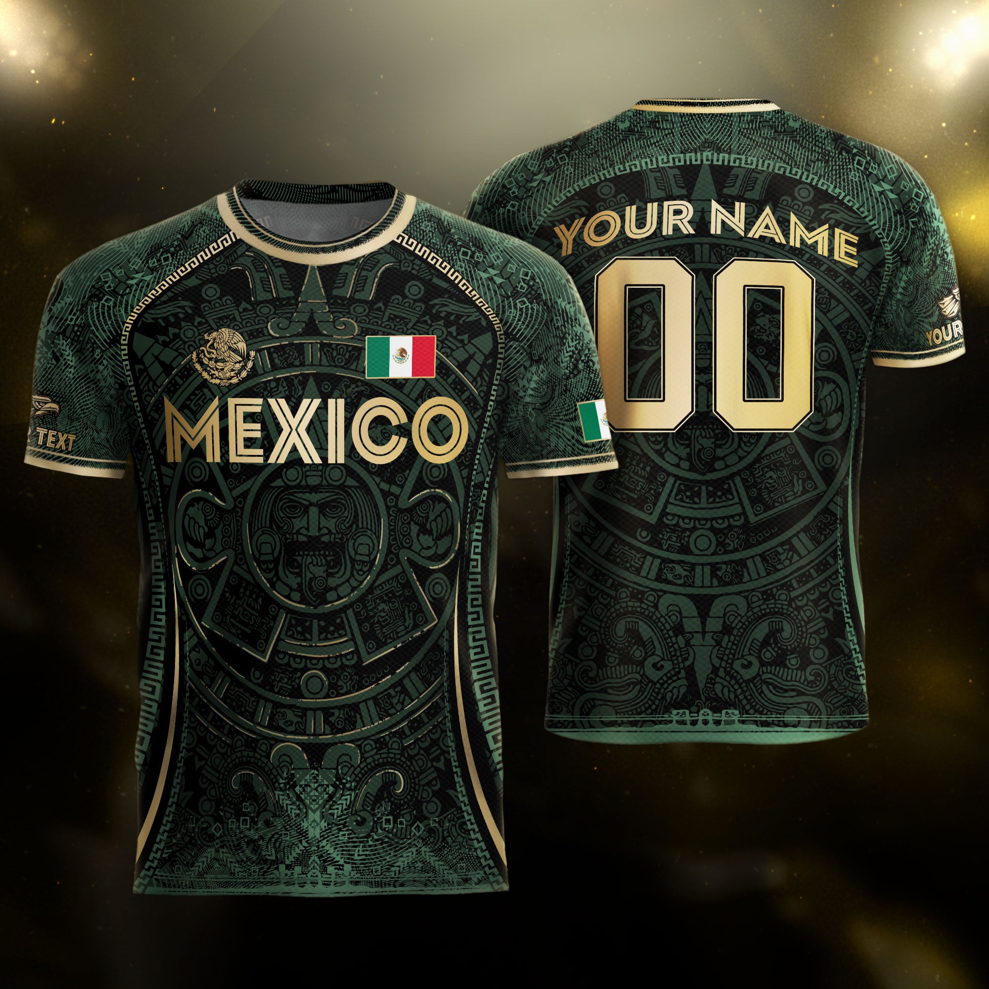Custom Mexico Soccer Jersey Green Gold Aztec Calendar Heritage Design