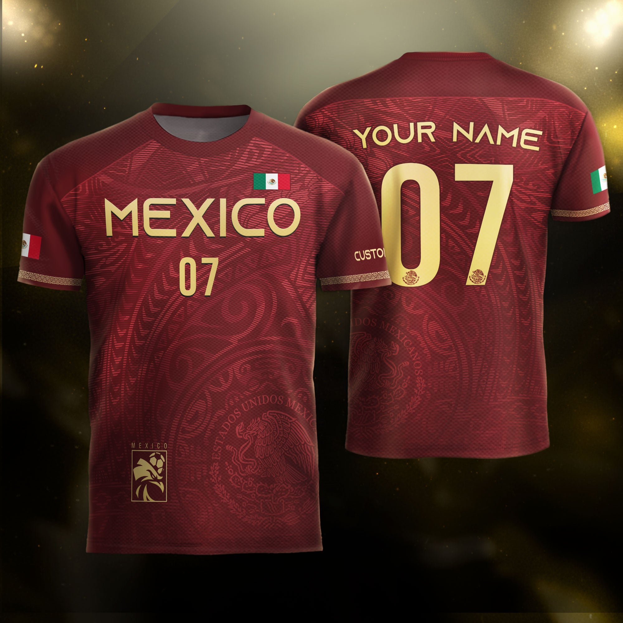 Custom Mexico Soccer Jersey Burgundy Gold Eagle Pattern Design
