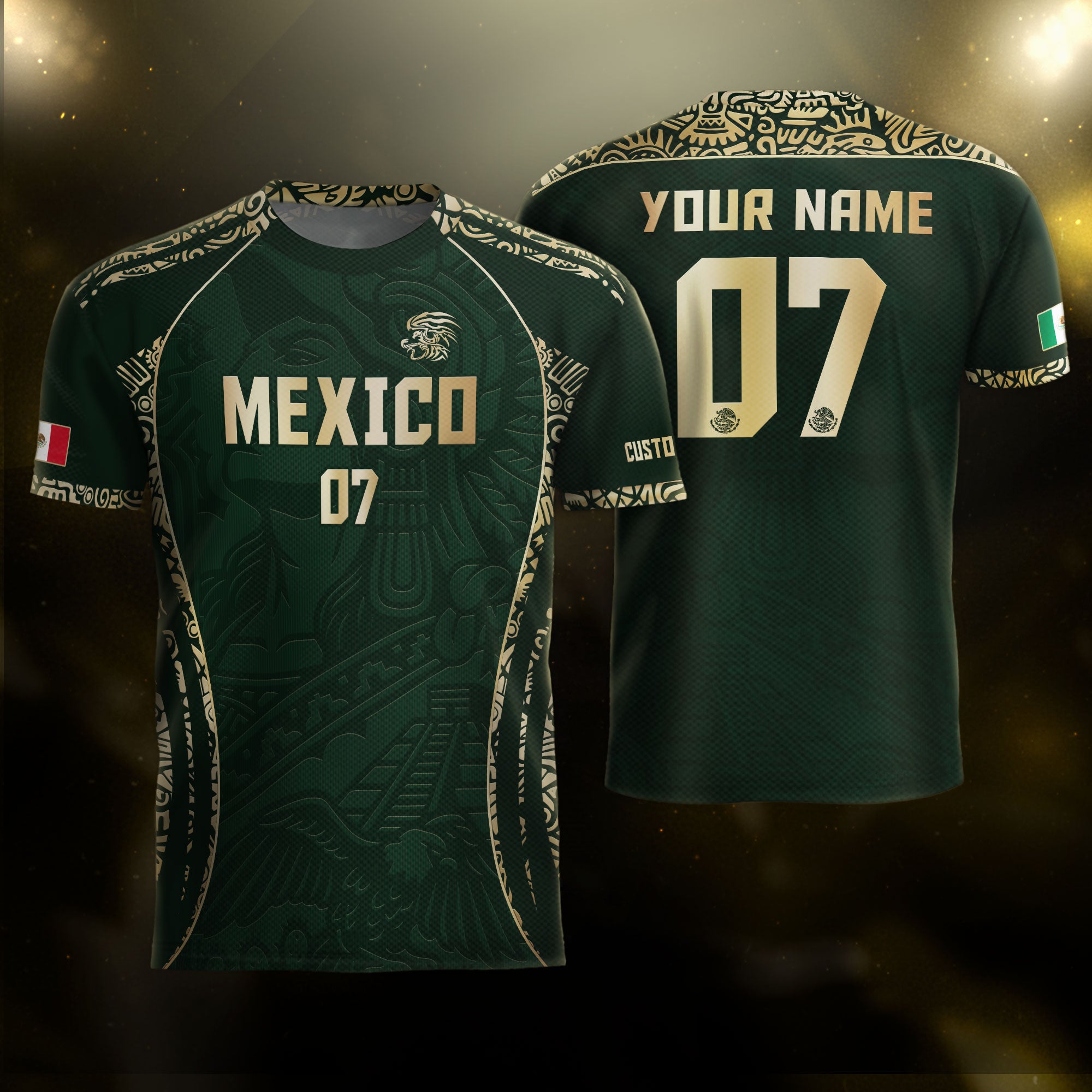 Custom Mexico Soccer Jersey Dark Green Gold Aztec Eagle Design
