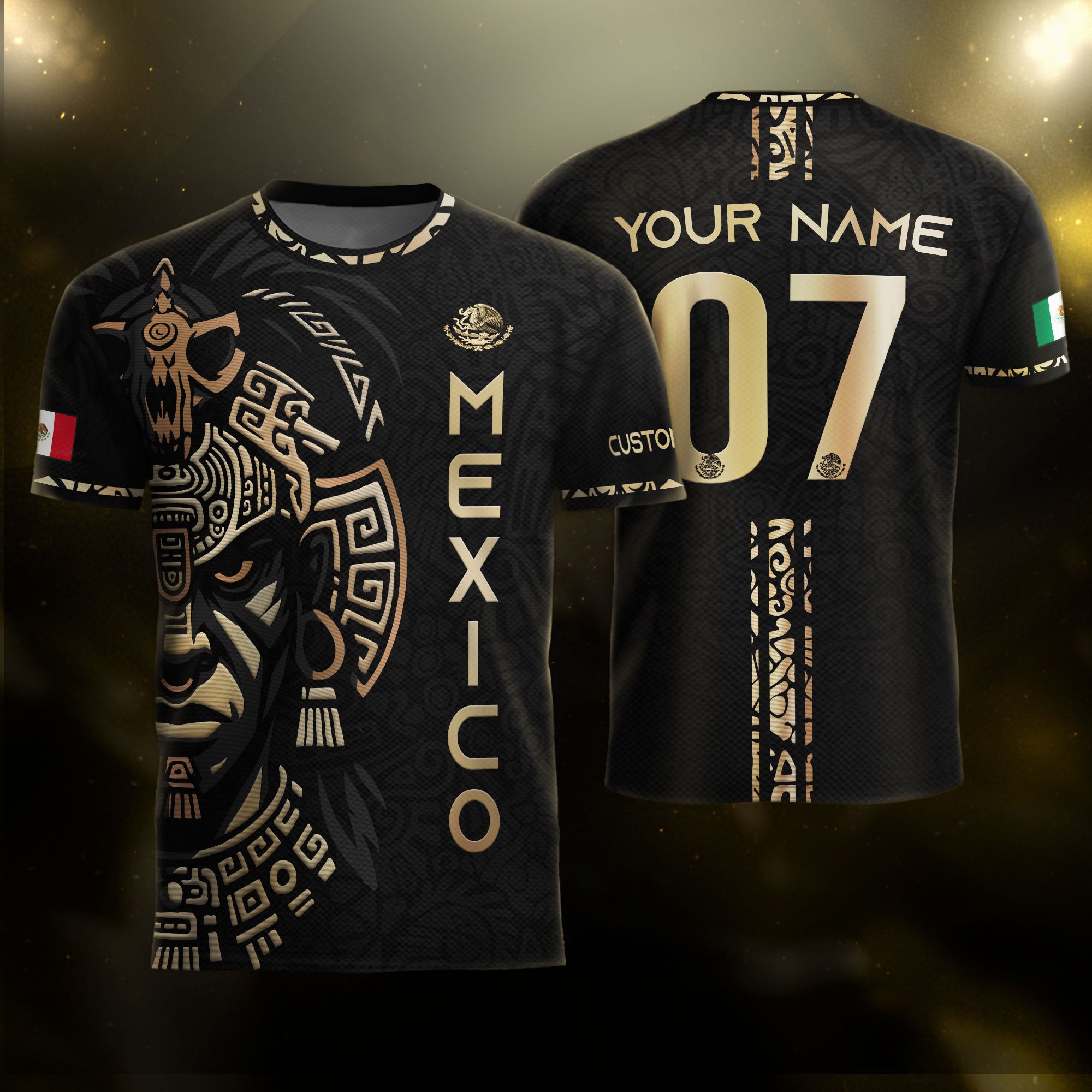 Custom Mexico Soccer Jersey Black Gold Aztec Warrior Face Design