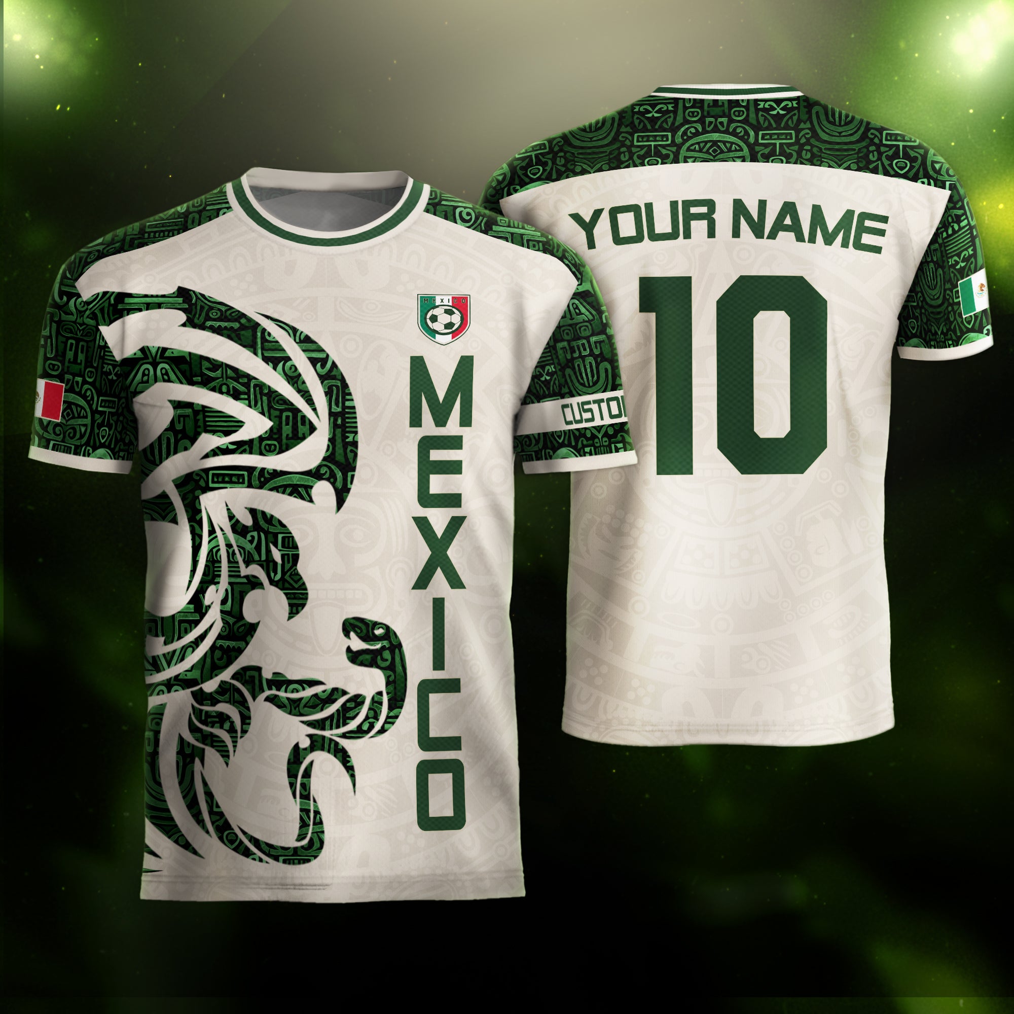 Custom Mexico Soccer Jersey Beige Green Aztec Design