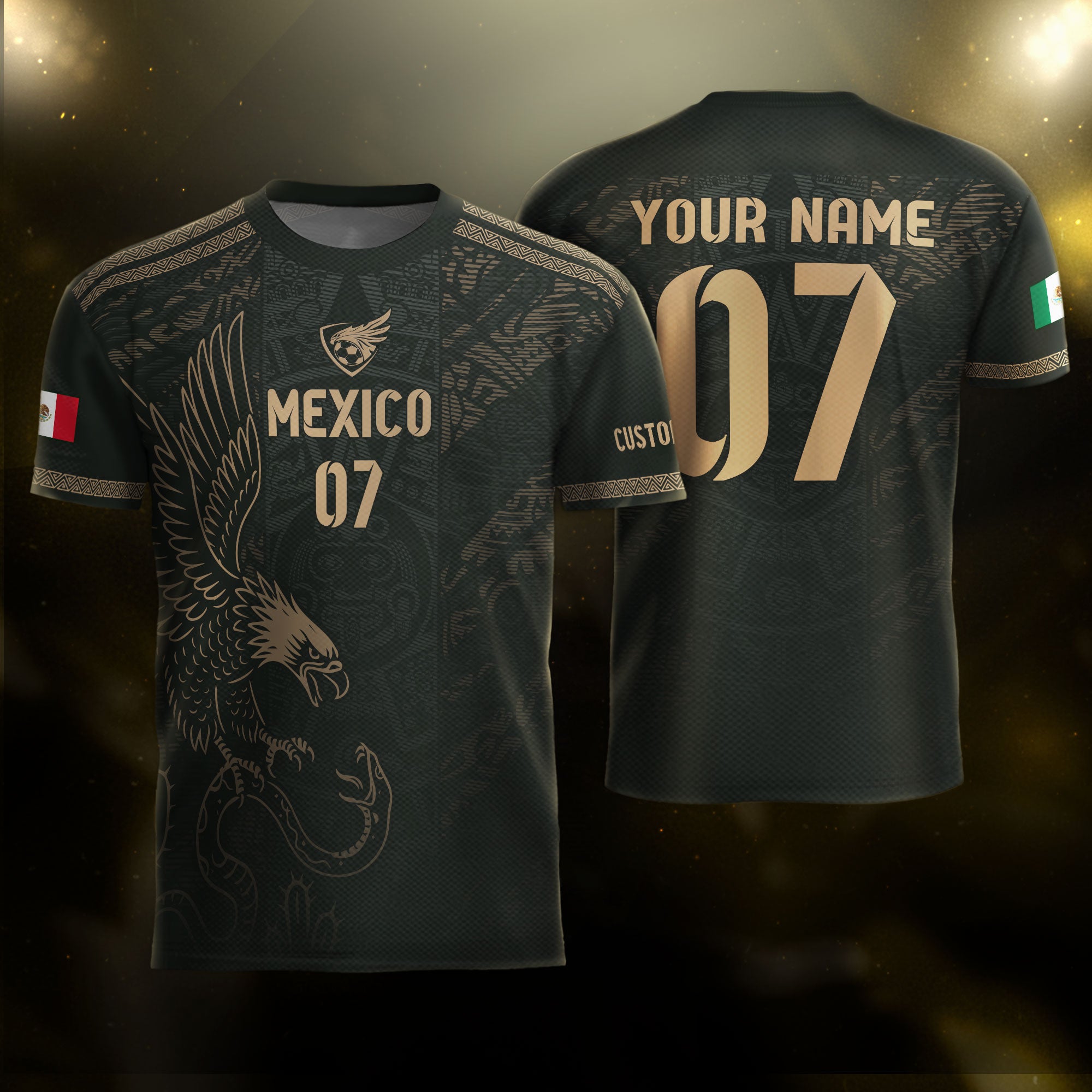 Custom Mexico Soccer Jersey Black Gold Eagle Design