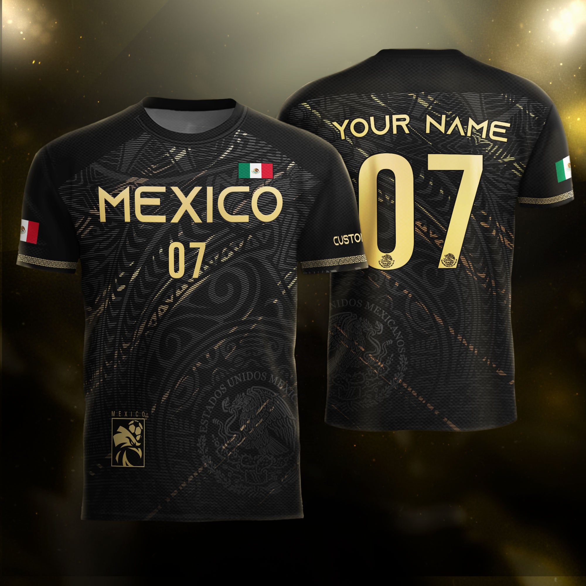 Custom Black Gold Mexico Soccer Jersey with Eagle Design