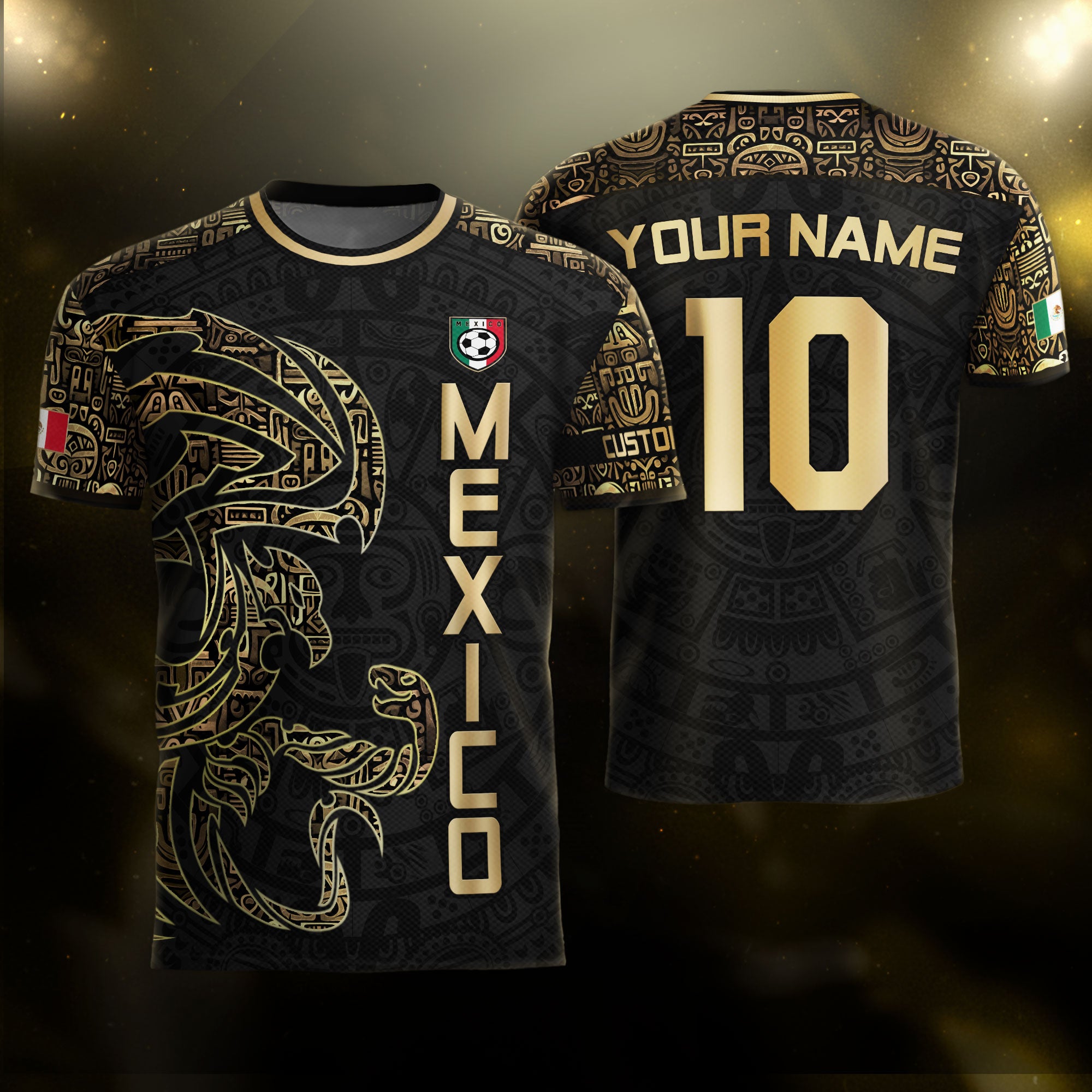 Custom Black Gold Mexico Jersey with Tribal Design