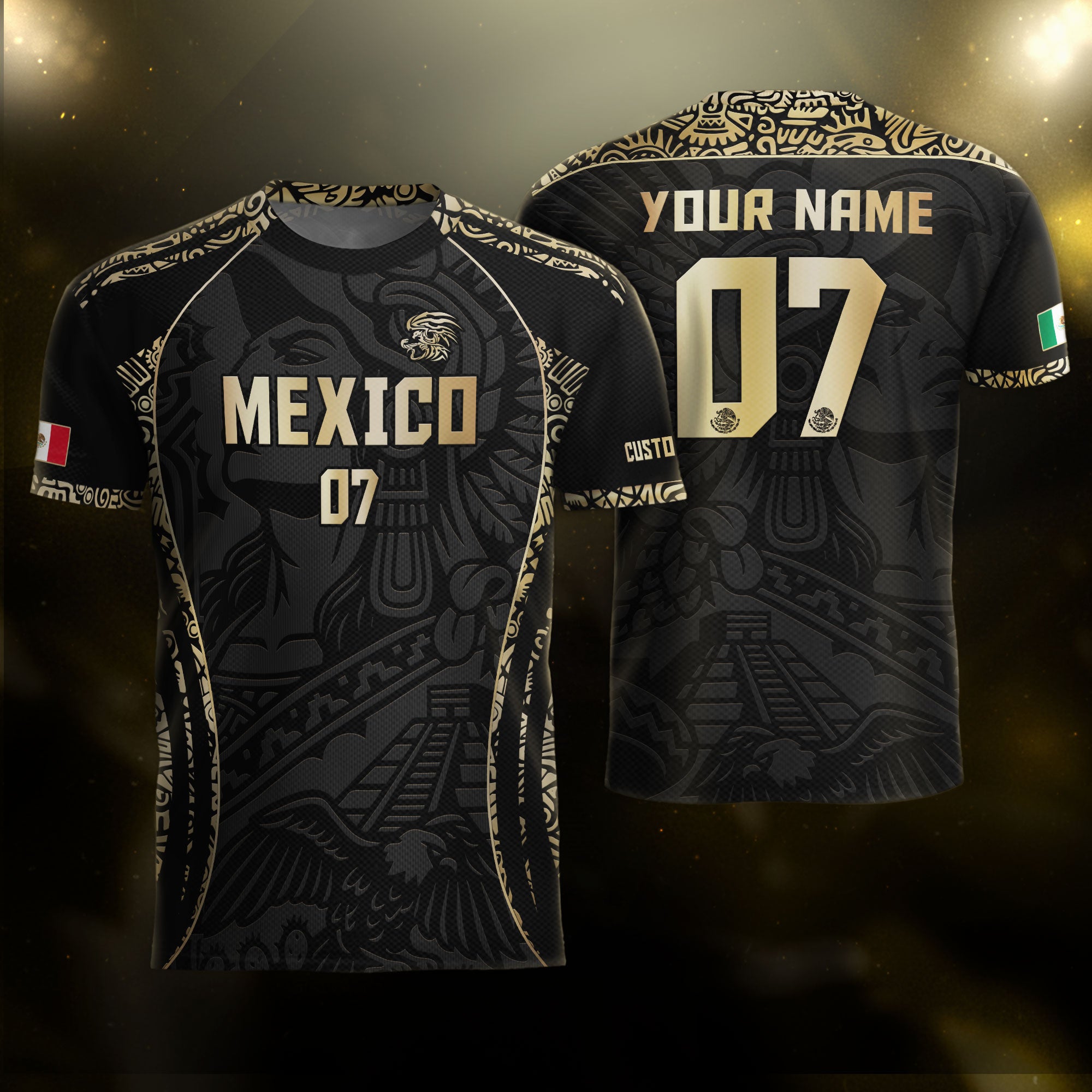 Custom Mexico Soccer Jersey Black Gold Aztec Eagle Pyramid Design