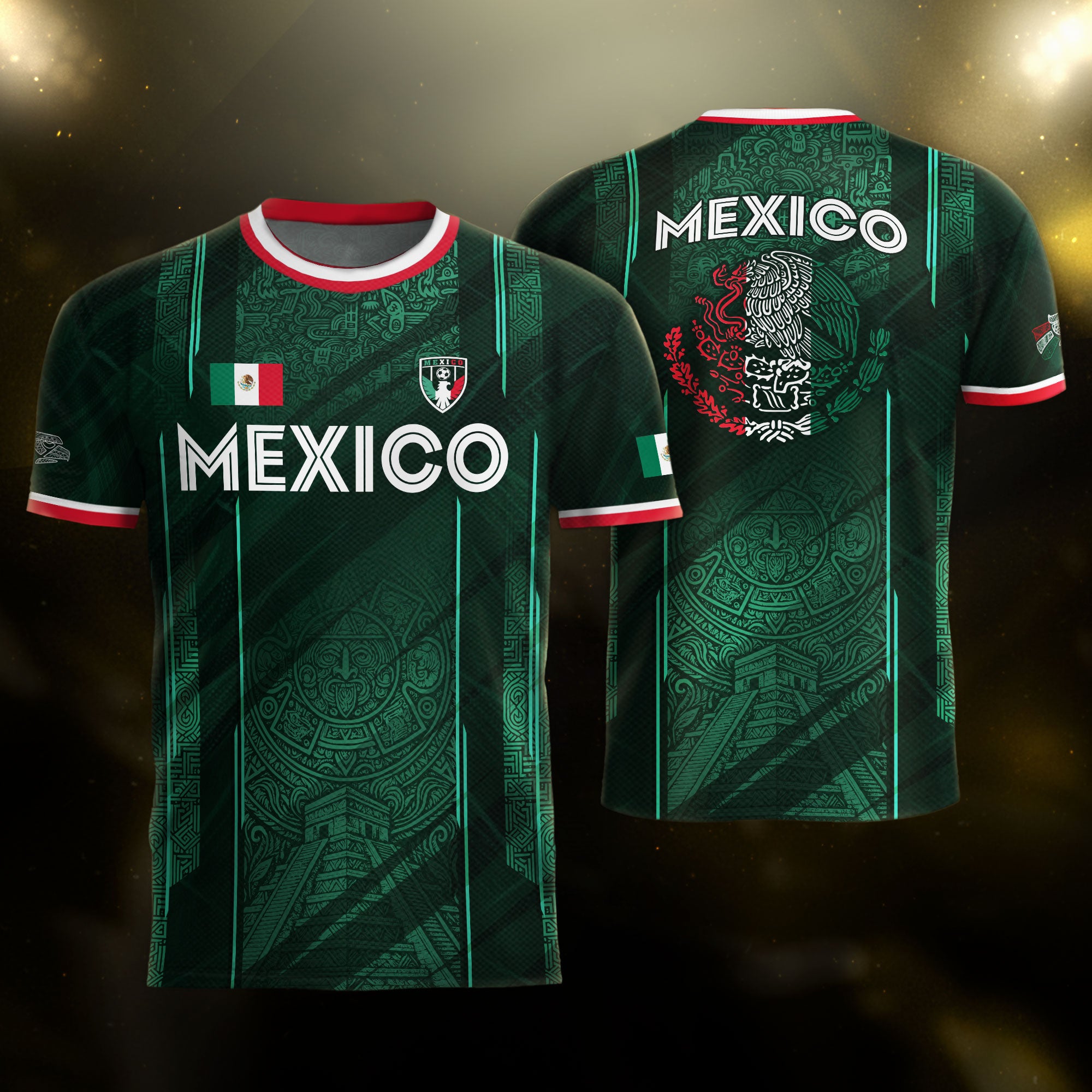 Mexico Soccer Jersey Green Aztec Calendar National Emblem Design