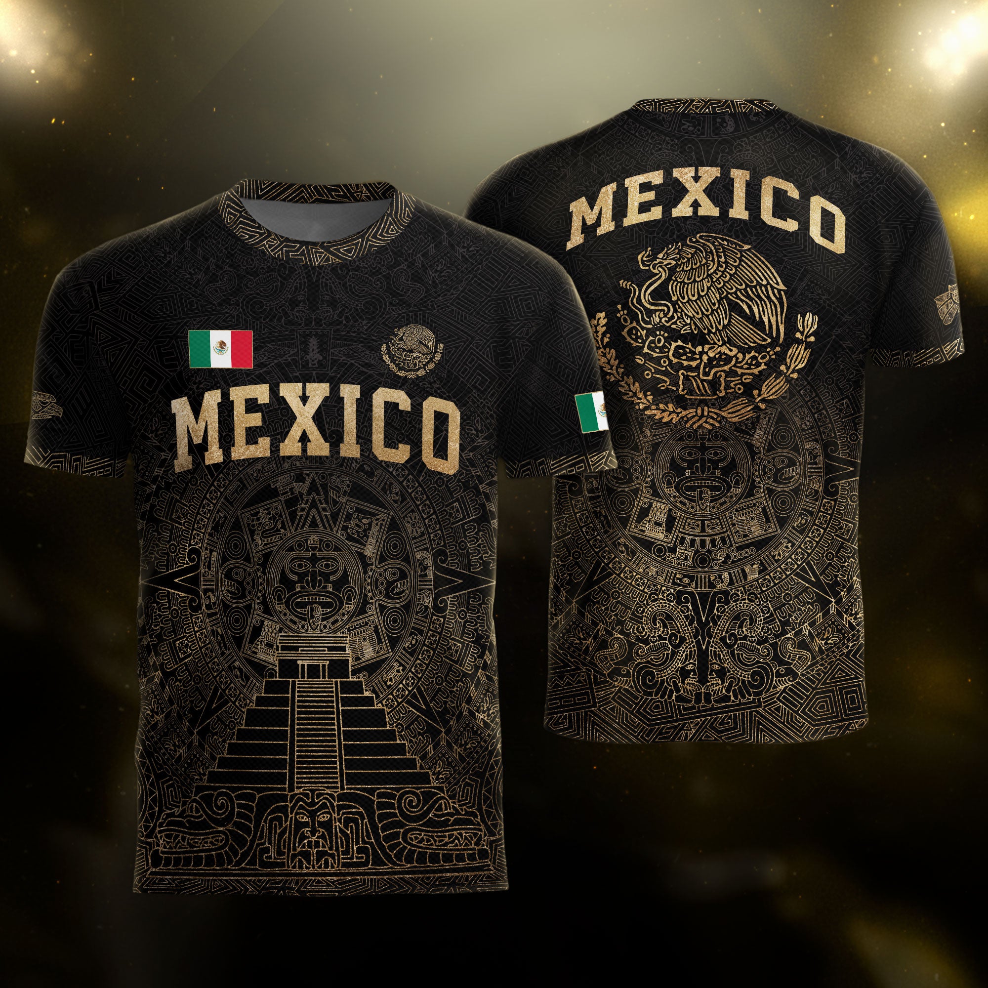 Mexico Soccer Jersey Black Gold Aztec Calendar Eagle Emblem Design