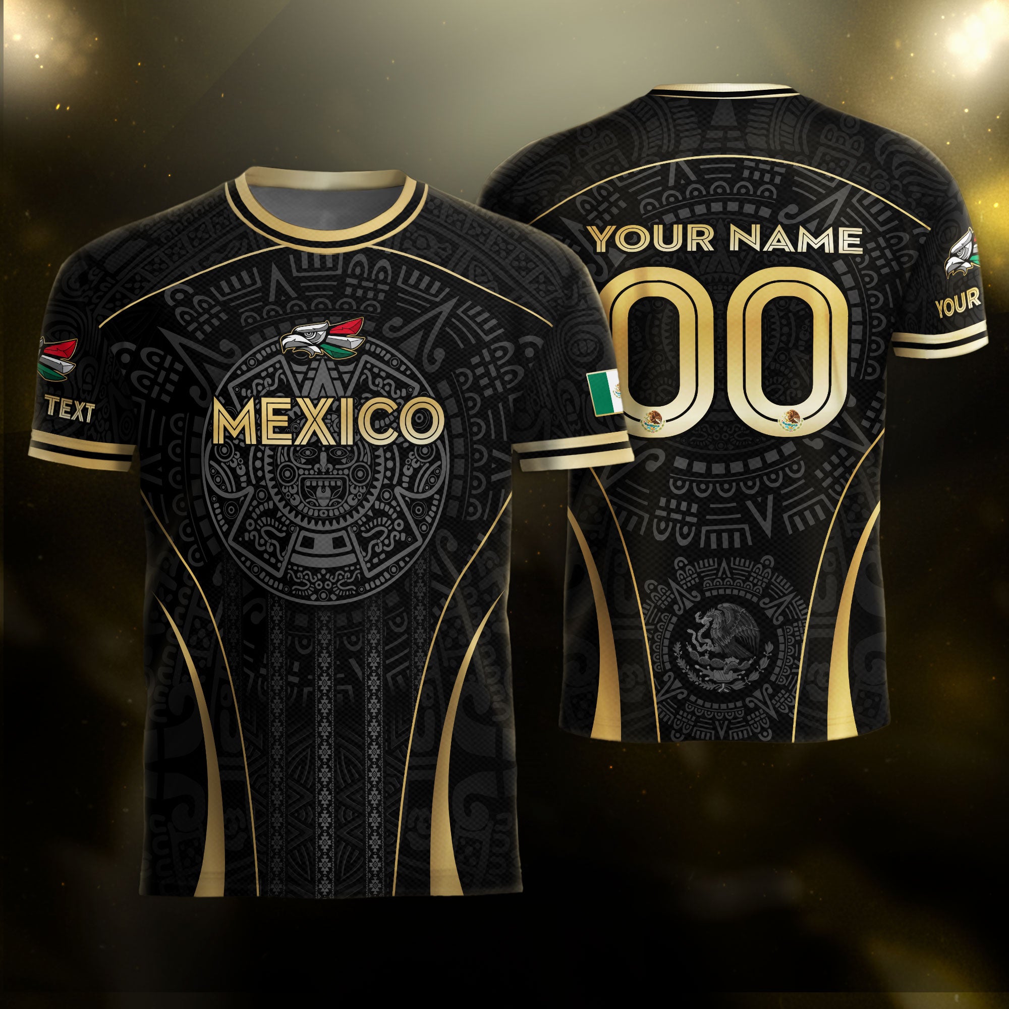 Custom Mexico Soccer Jersey Black Gold Aztec Calendar Design