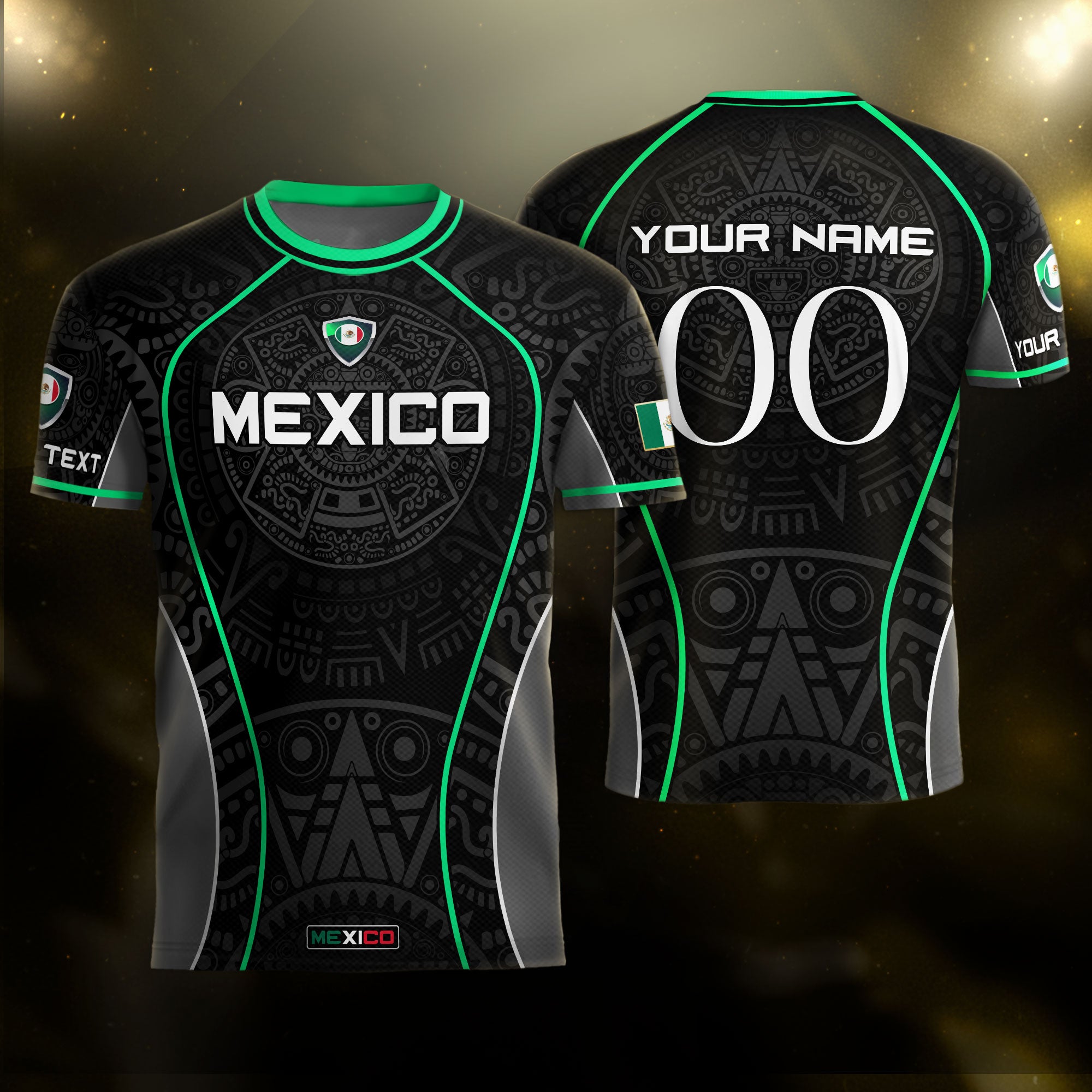 Custom Mexico Soccer Jersey Black Green Aztec Pattern Design