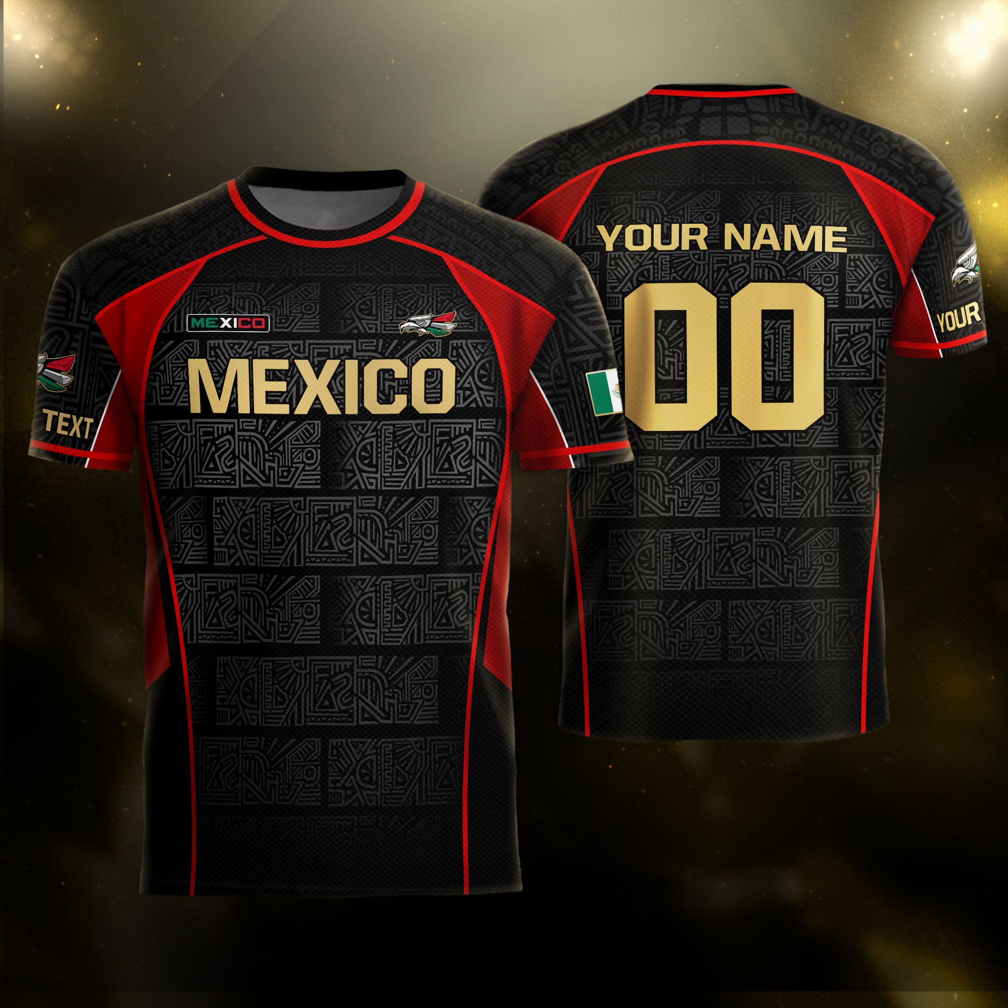 Custom Mexico Soccer Jersey Black Red Gold Aztec Pattern Design