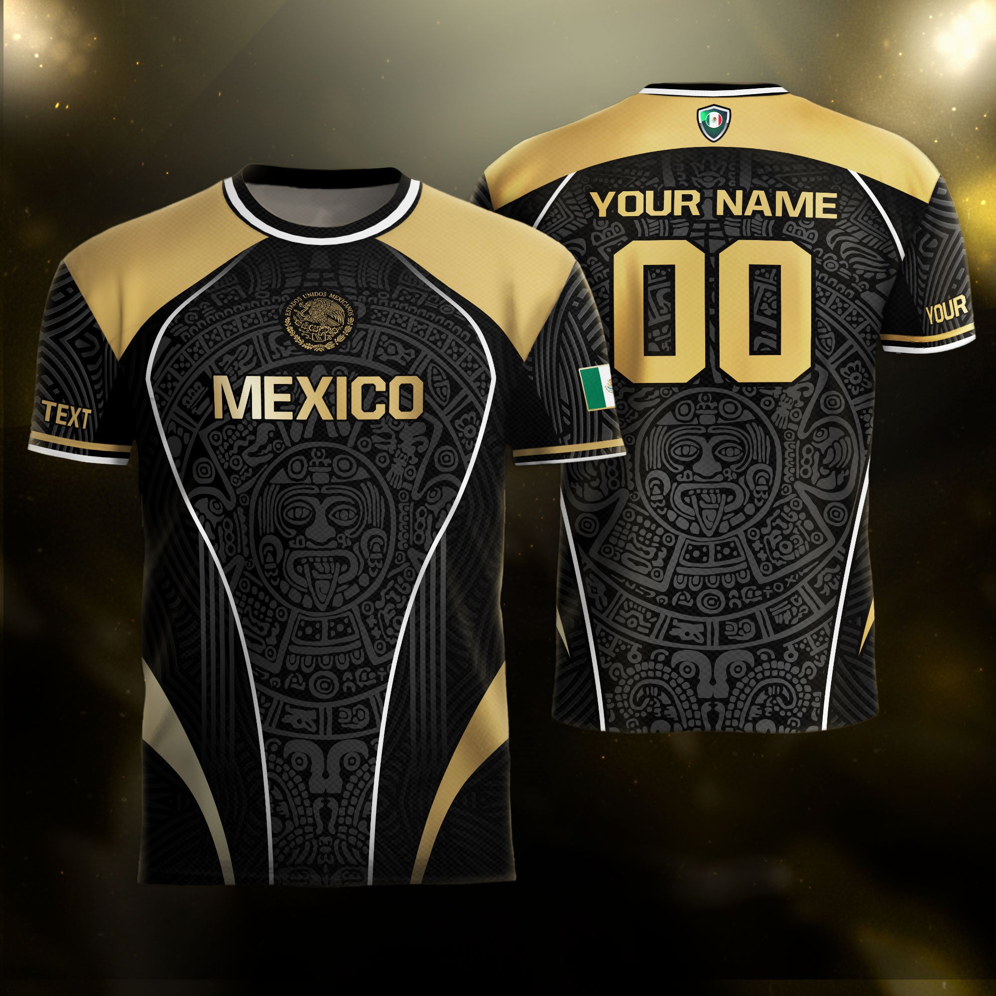 Custom Mexico Soccer Jersey Black Gold Heritage Aztec Pattern Design