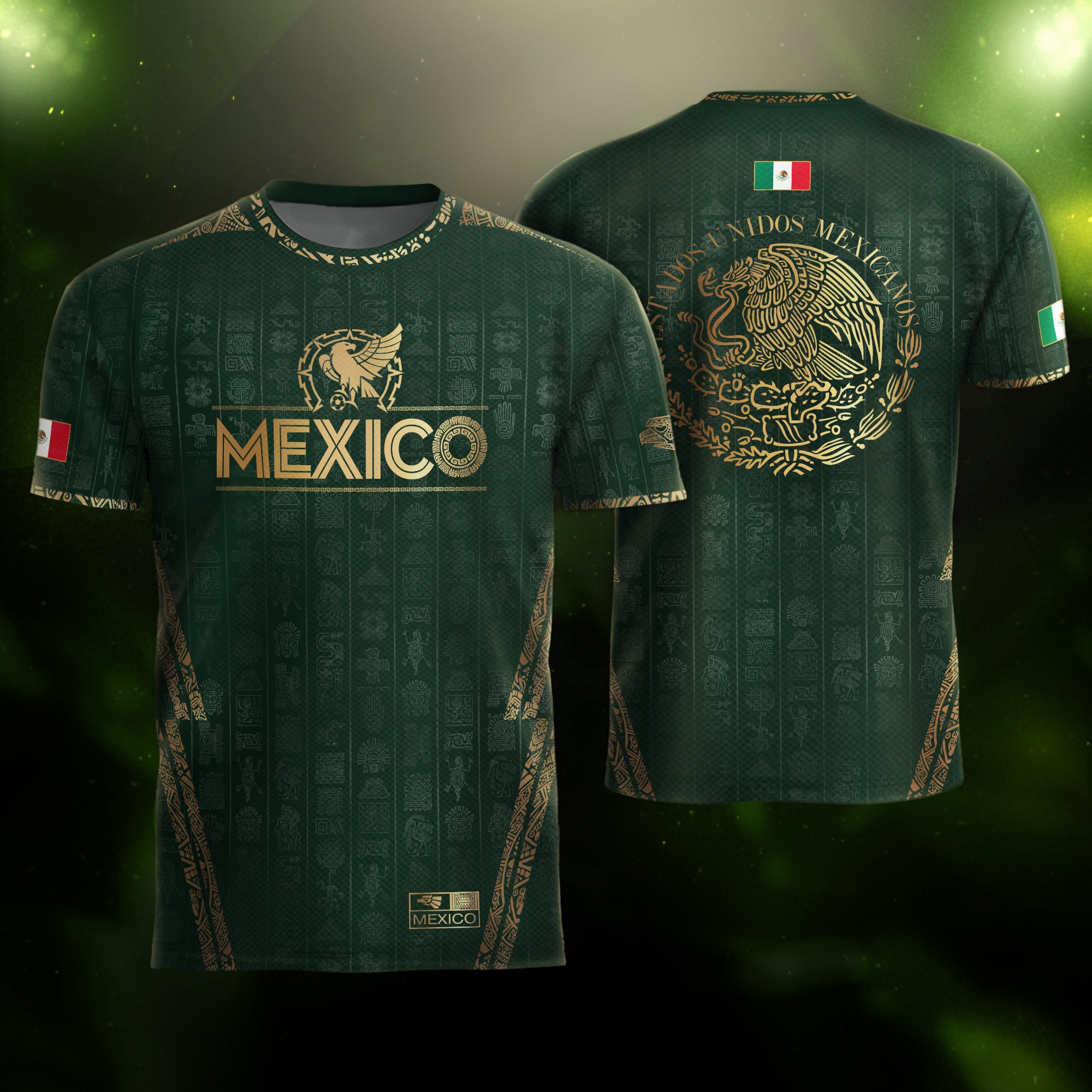 Mexico Green Aztec Pattern Eagle Emblem Heritage Soccer Jersey