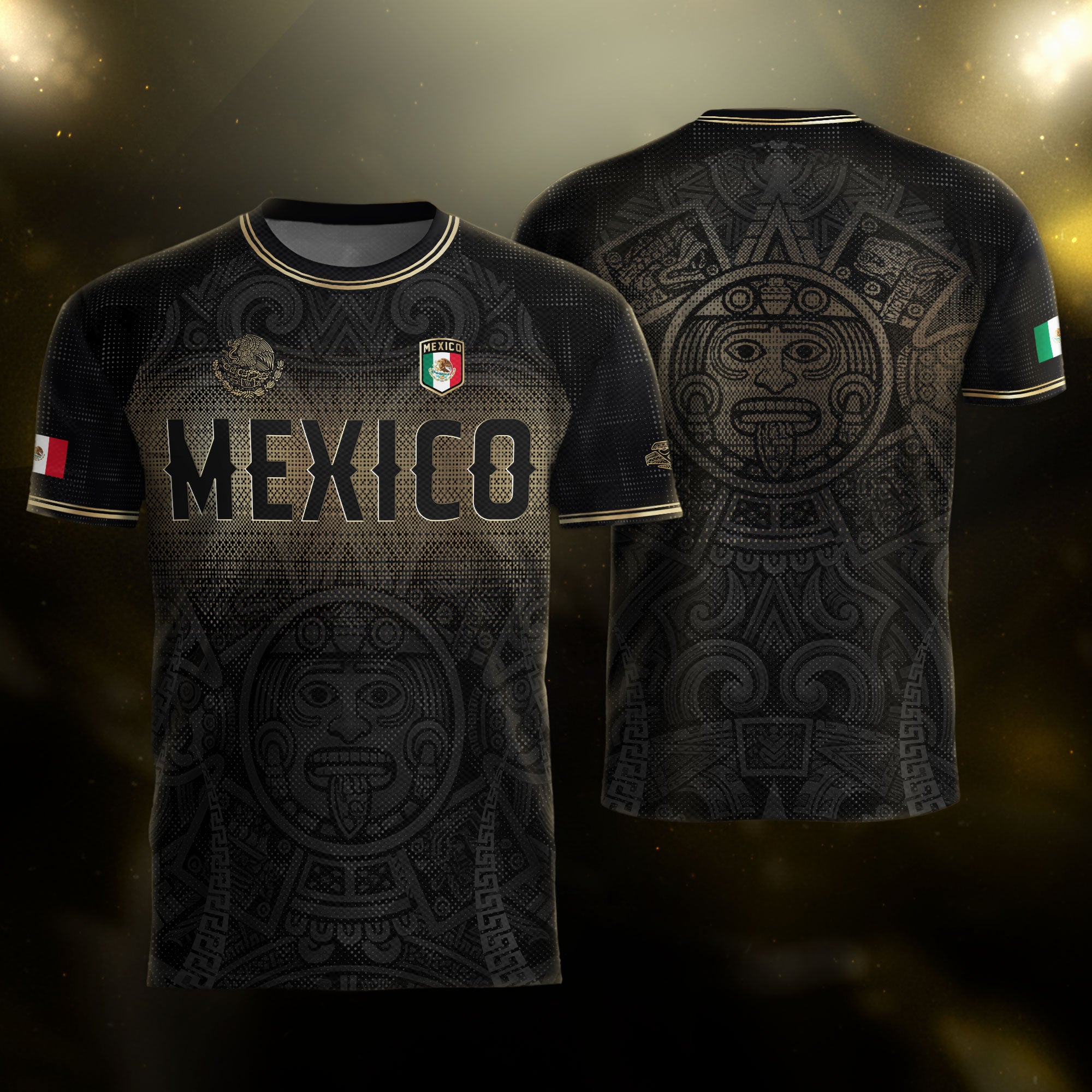 Mexico Black Gold Aztec Calendar Sun God Heritage National Soccer Jersey