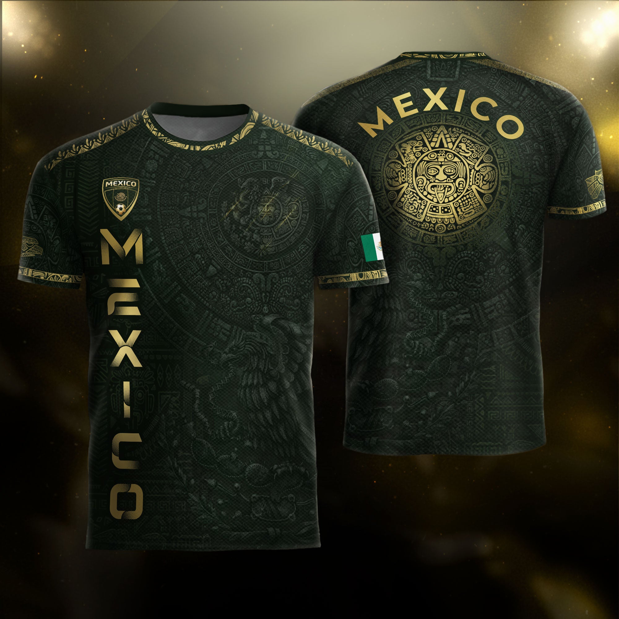 Mexico Dark Green Gold Aztec Calendar Sun God Heritage National Soccer Jersey