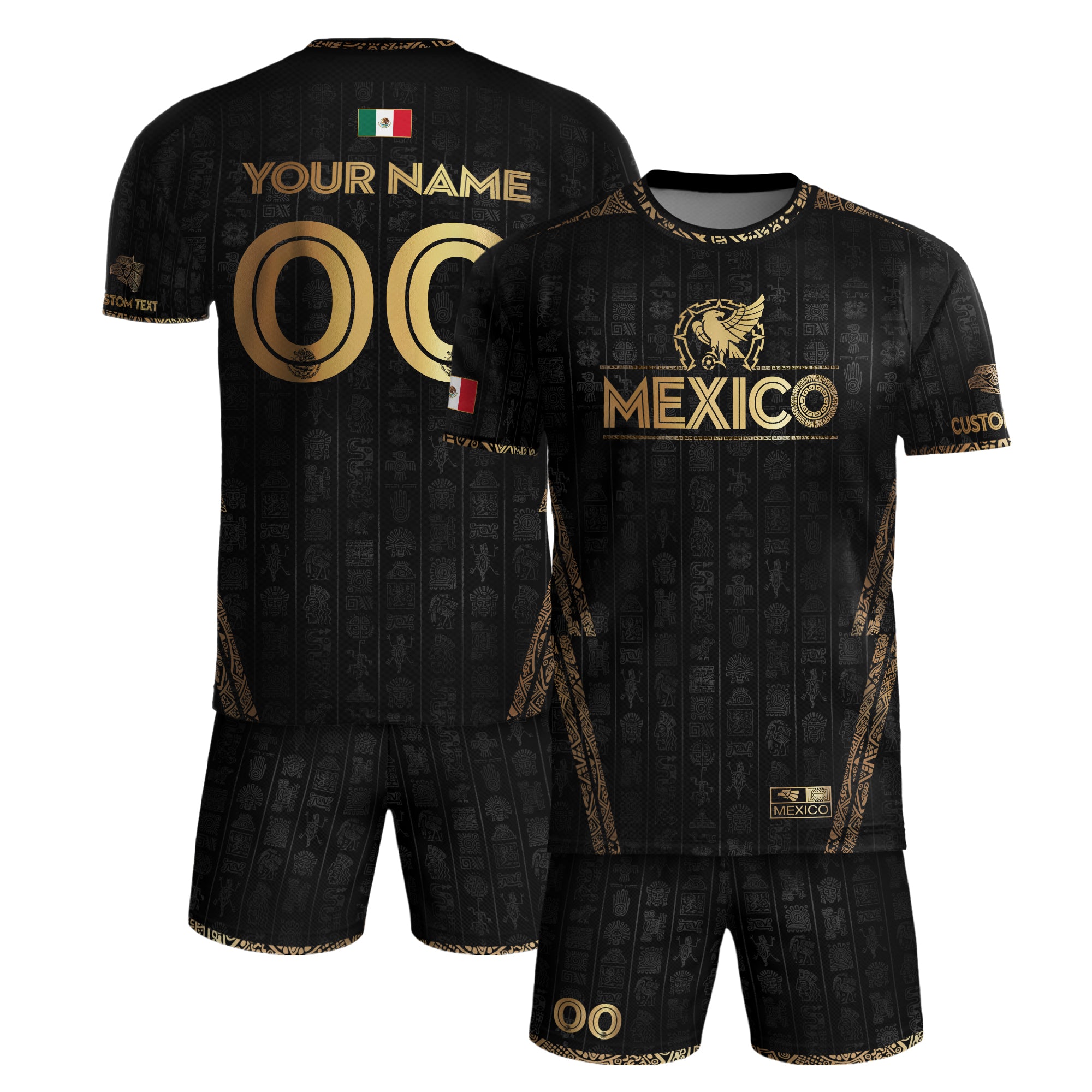 Custom Mexico Black Gold Soccer Jersey with Aztec Eagle Design