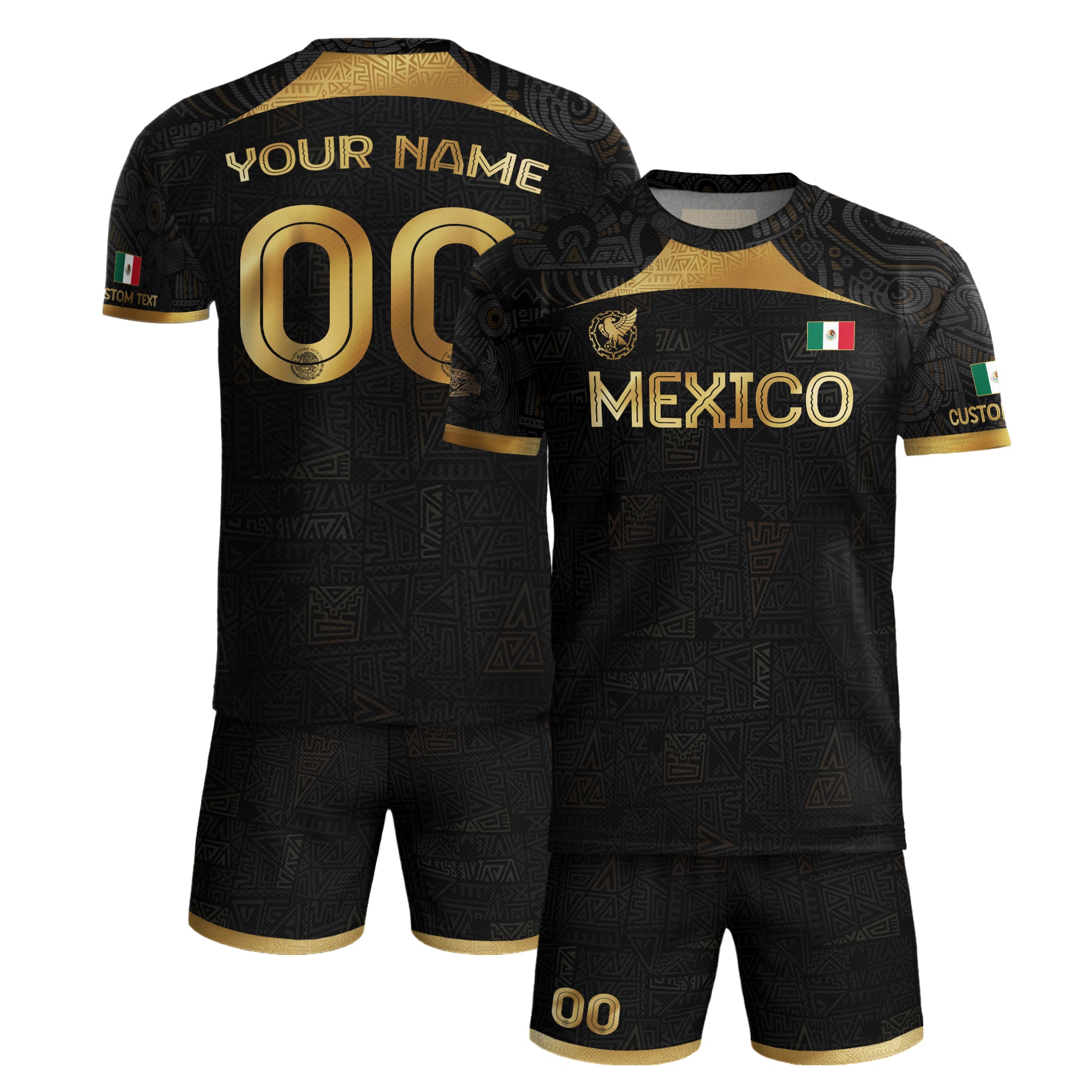 Custom Mexico Black Gold Soccer Jersey with Aztec Warrior Pattern