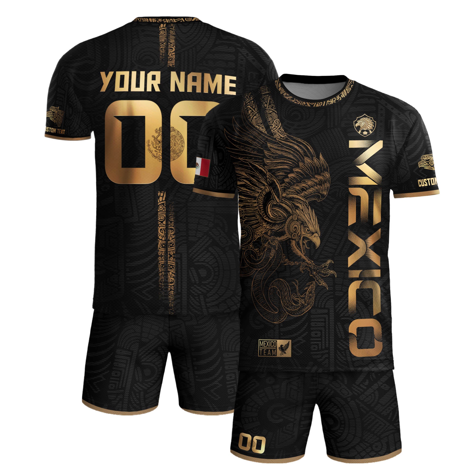Custom Mexico Black Gold Soccer Jersey with Aztec Eagle Serpent Design
