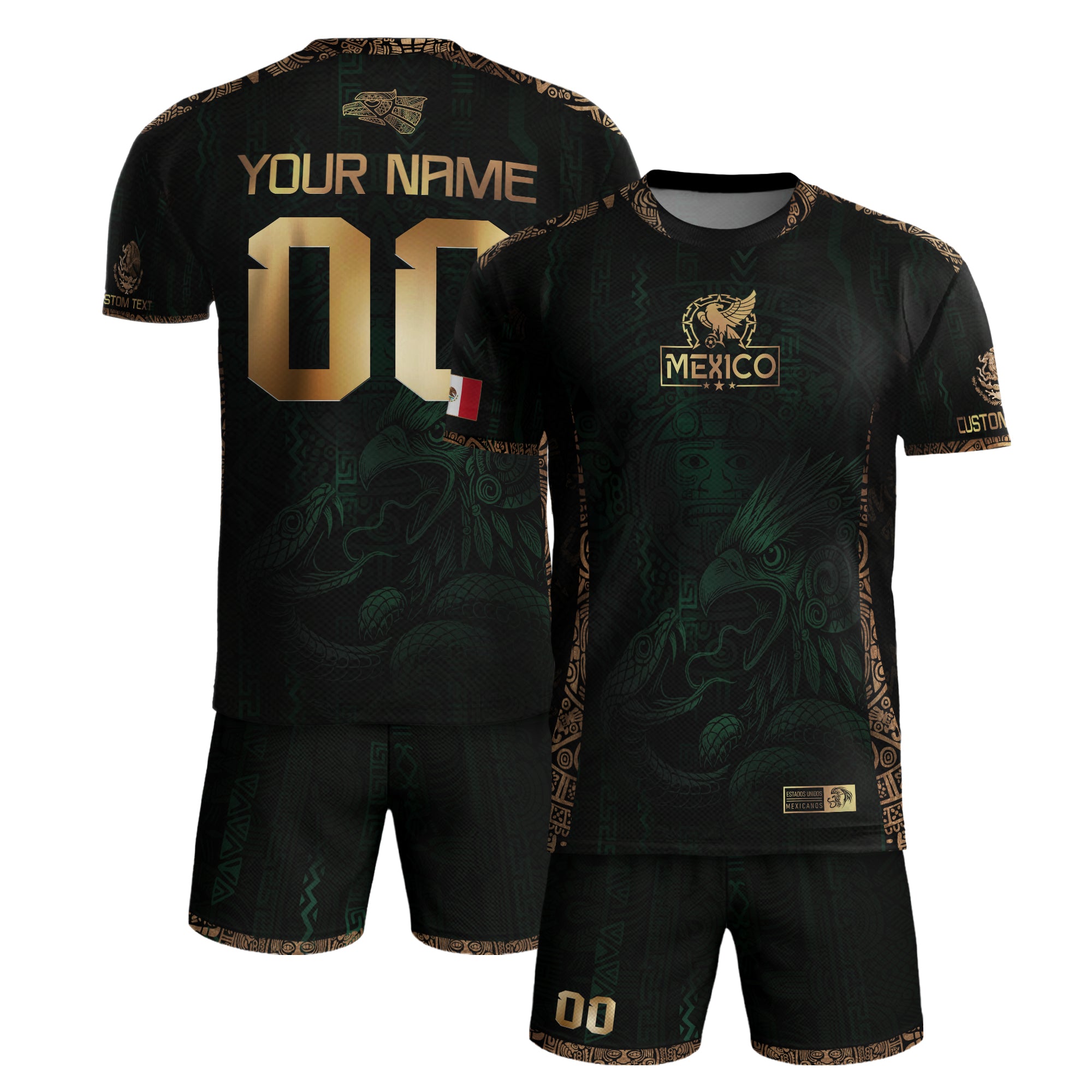 Custom Mexico Green Gold Soccer Jersey with Aztec Eagle Warrior Design