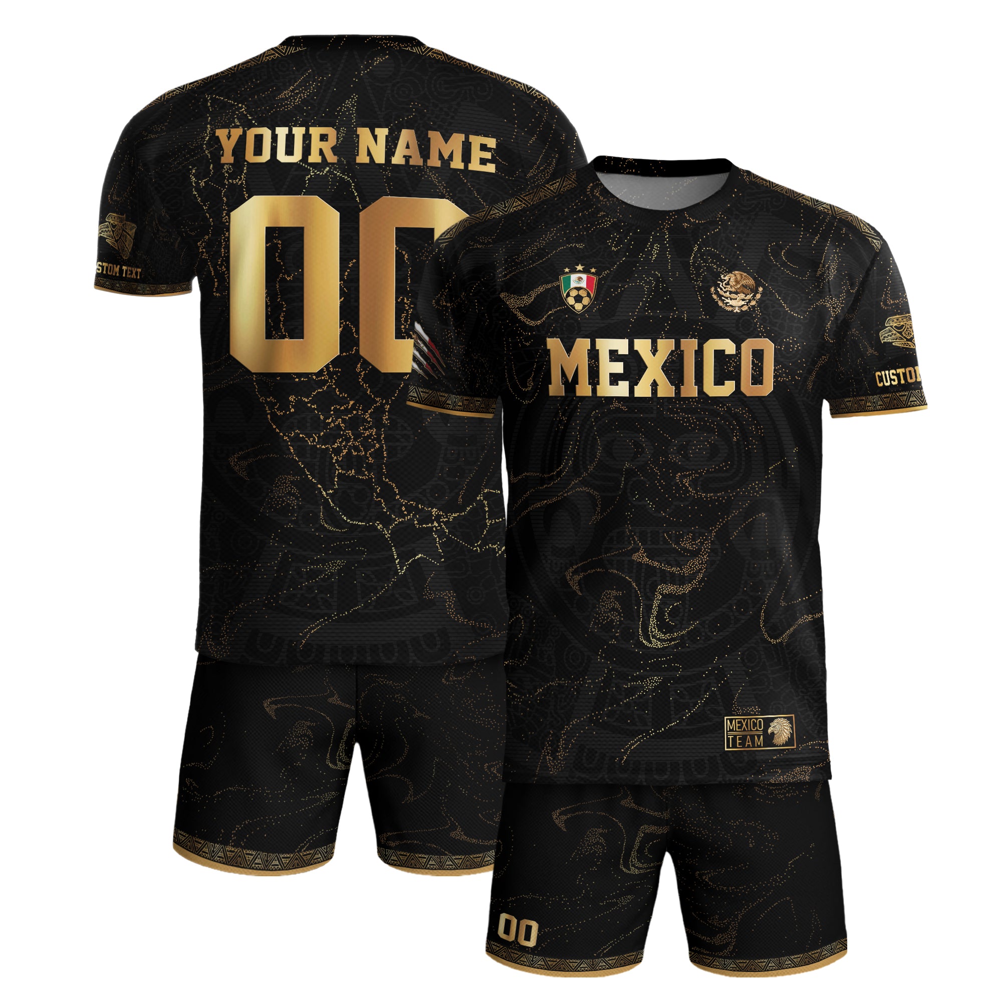 Custom Mexico Black Gold Soccer Jersey with Heritage Map and Aztec Pattern
