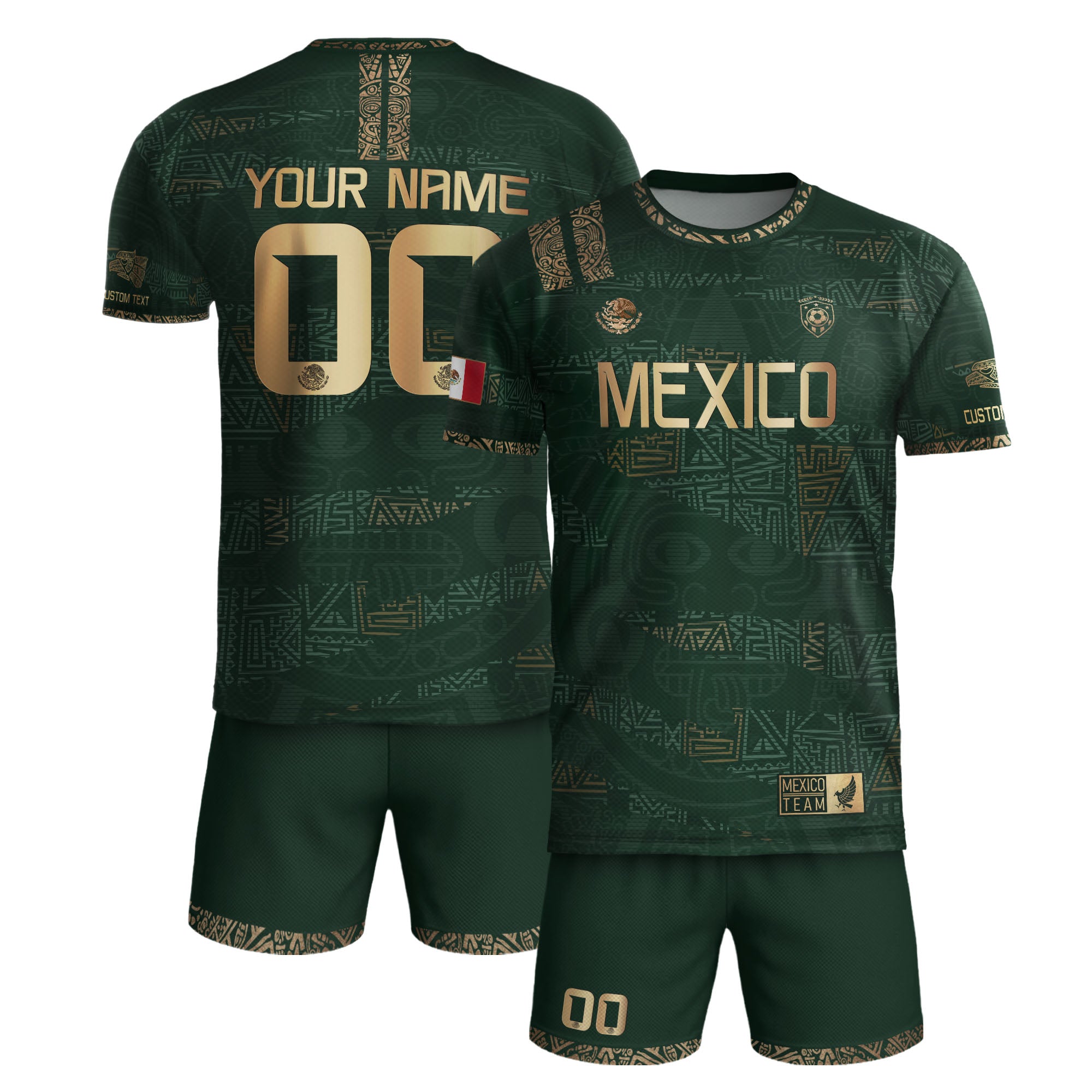 Custom Mexico Green Gold Aztec Pattern Soccer Jersey