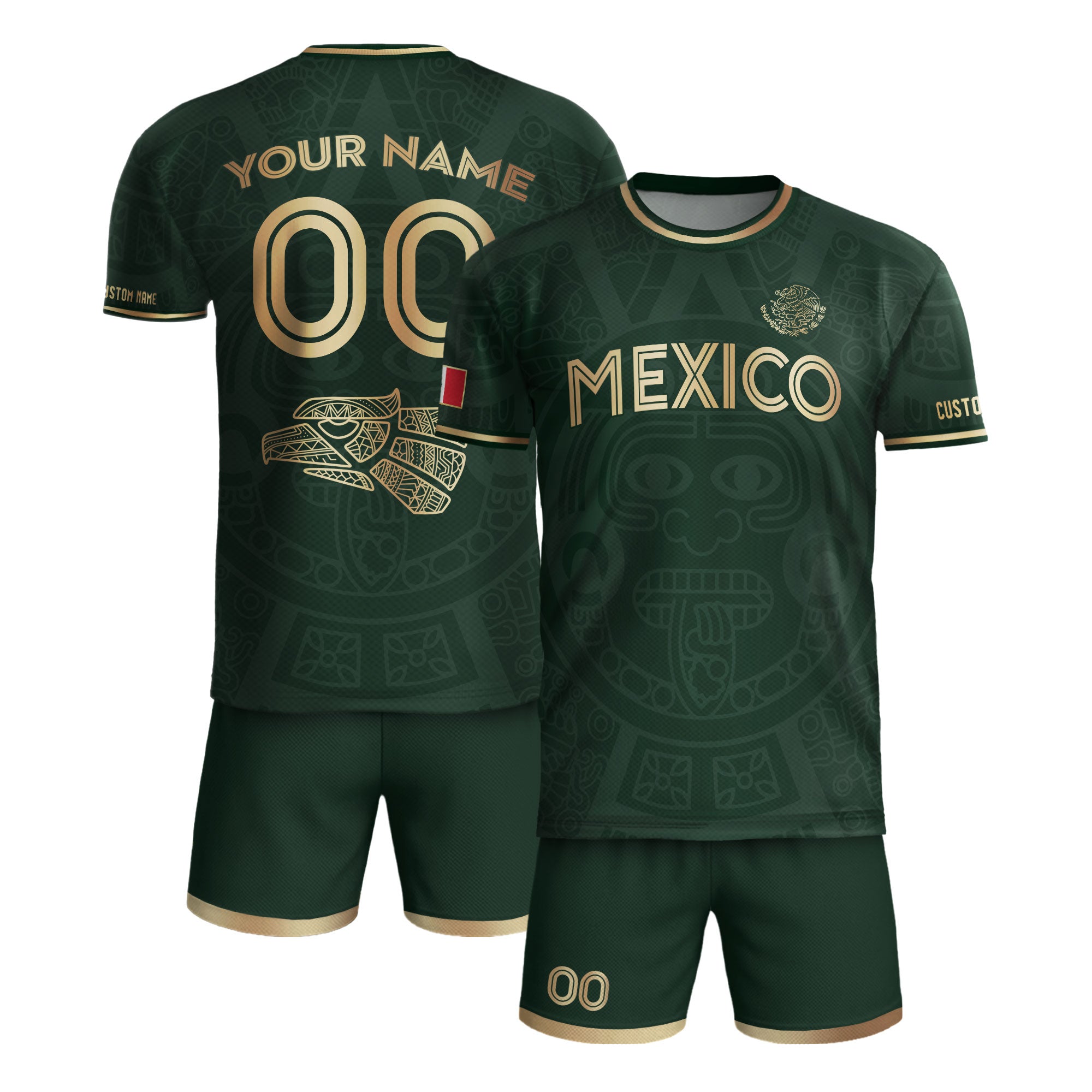 Custom Mexico Soccer Jersey Green Gold Aztec Calendar Design