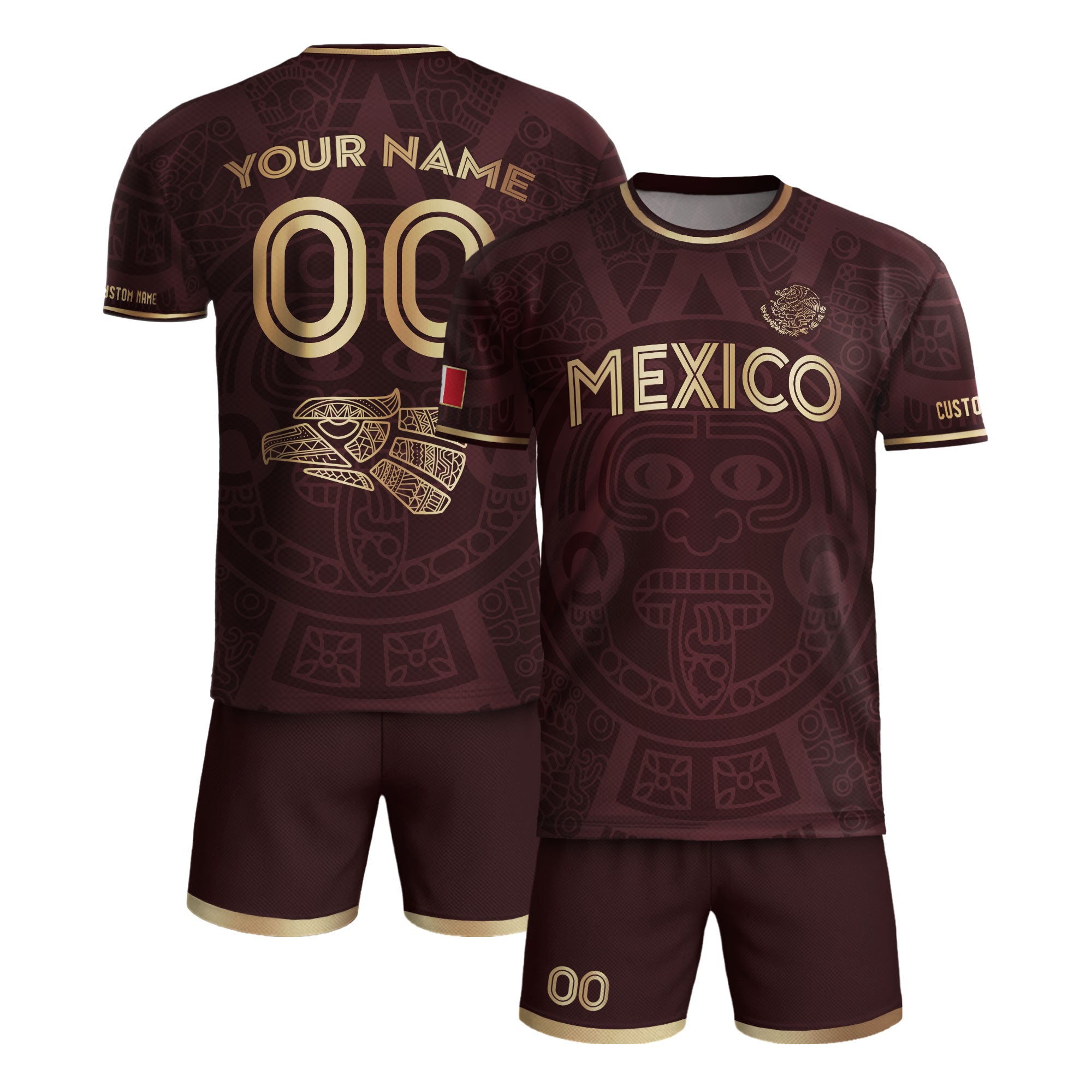 Custom Mexico Soccer Jersey Maroon Gold Aztec Calendar Design
