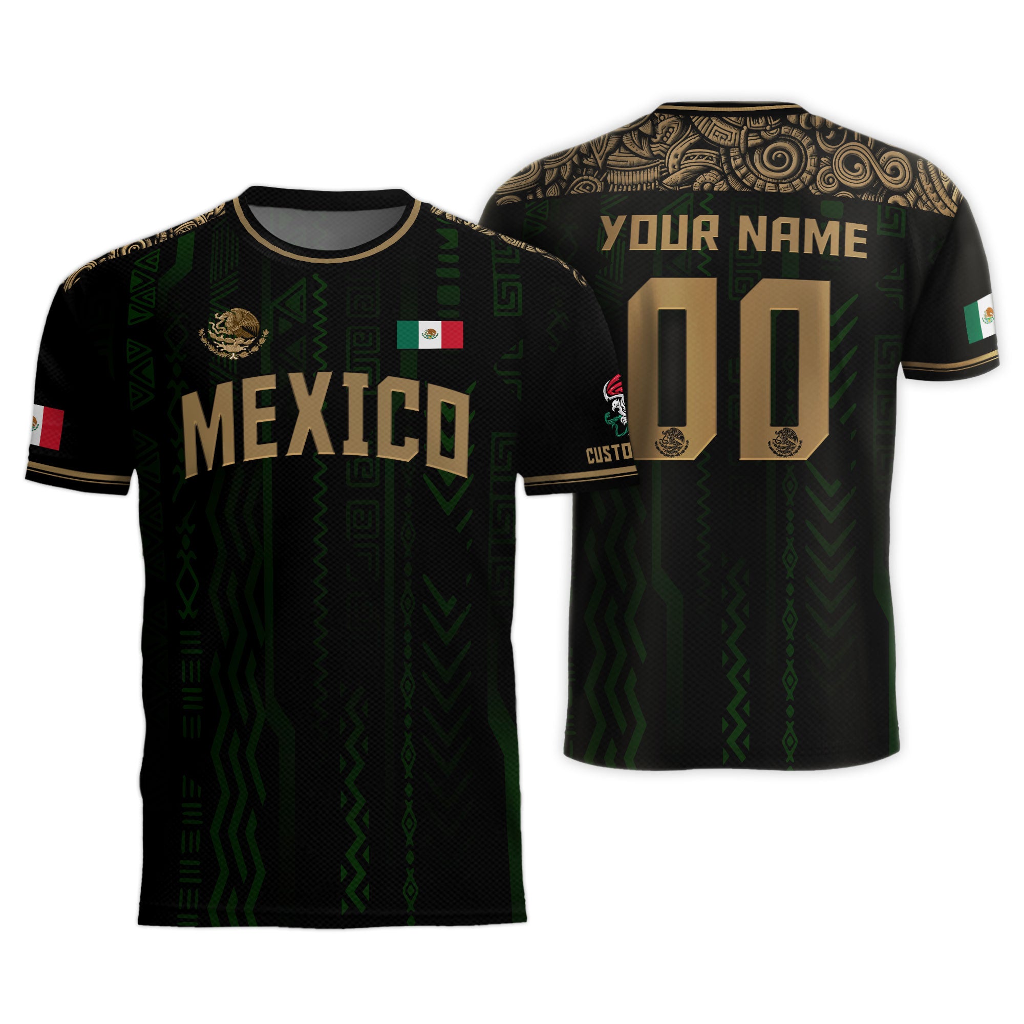 Custom Mexico Soccer Jersey Black Gold Aztec Pattern