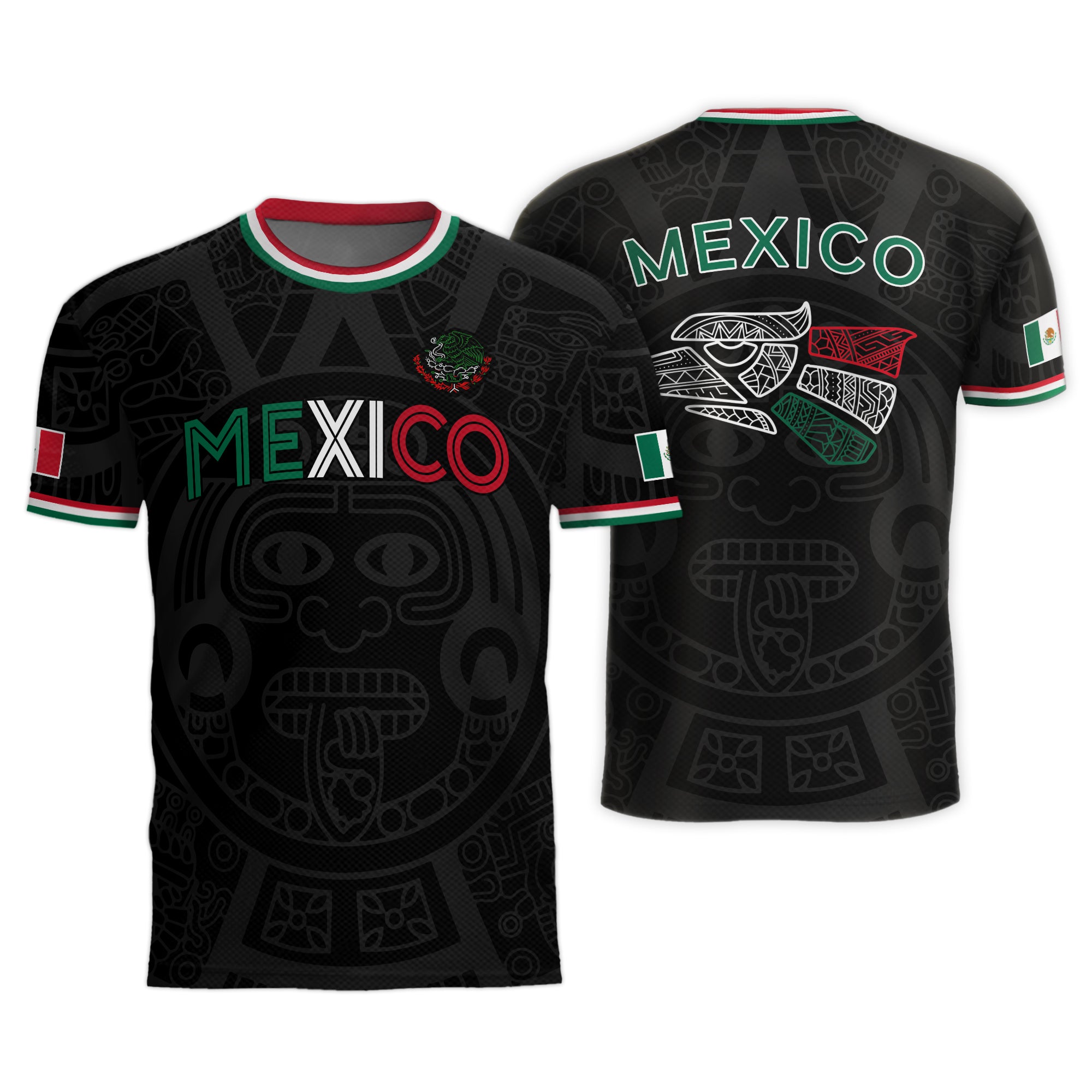 Soccer Jersey Mexico Black Aztec Pattern with Tricolor Accents