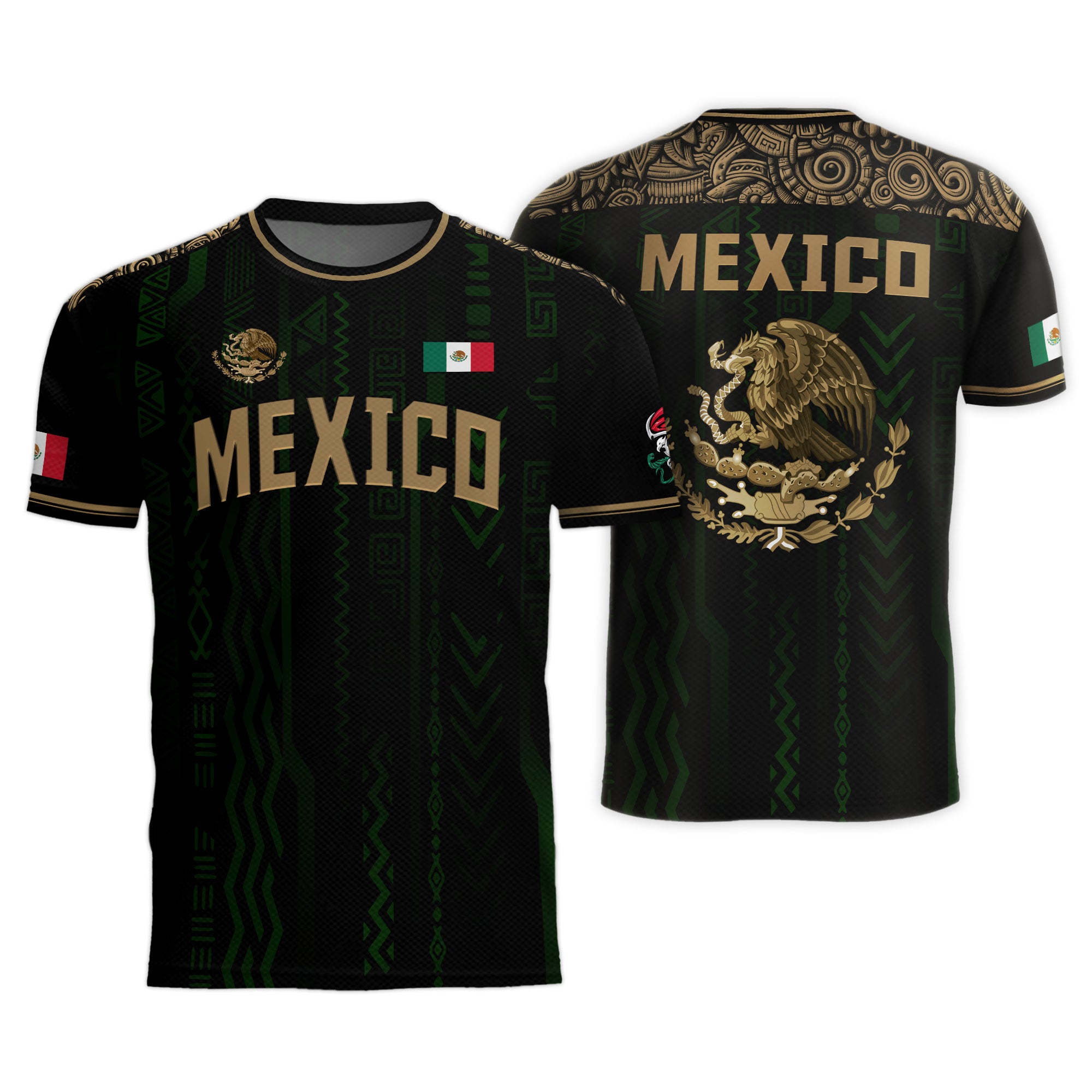 Mexico Soccer Jersey Black & Gold Aztec Design