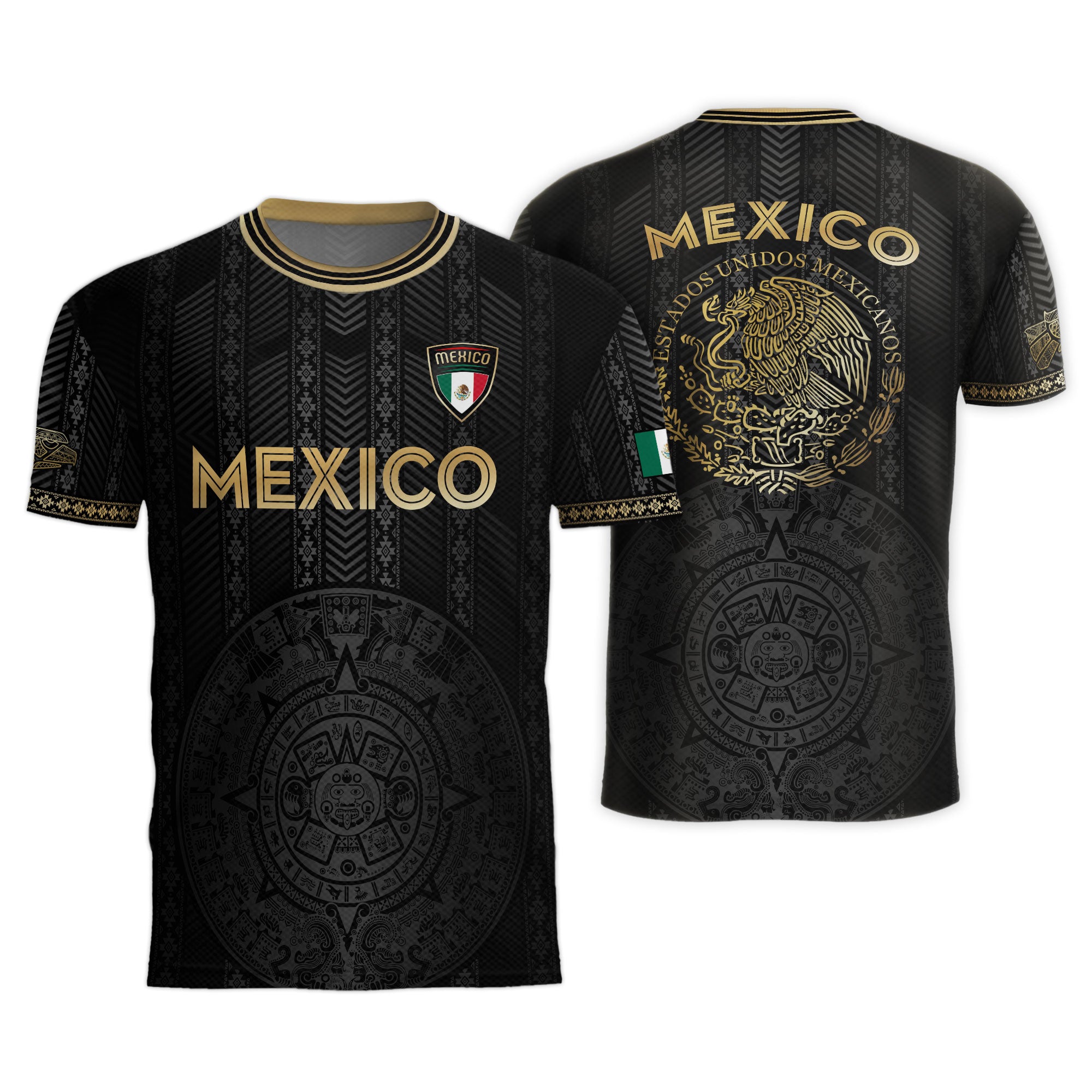 Mexico Soccer Jersey Black Gold Aztec Calendar Design