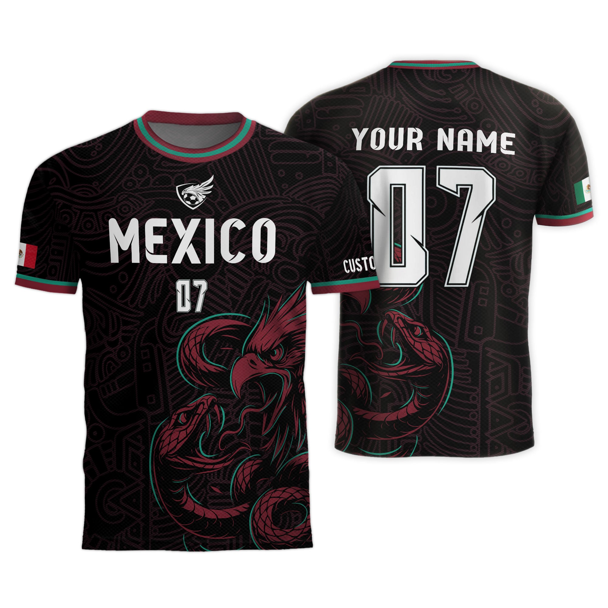 Custom Mexico Black Aztec Eagle Serpent Design Soccer Jersey