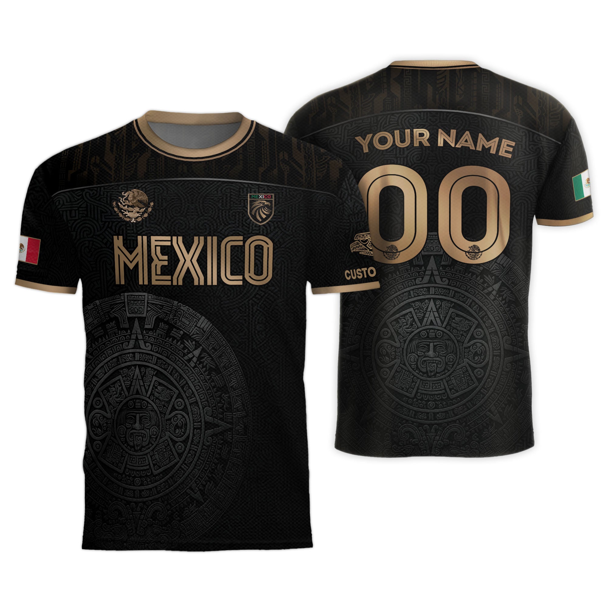 Custom Mexico Black Aztec Calendar Gold Edition Soccer Jersey