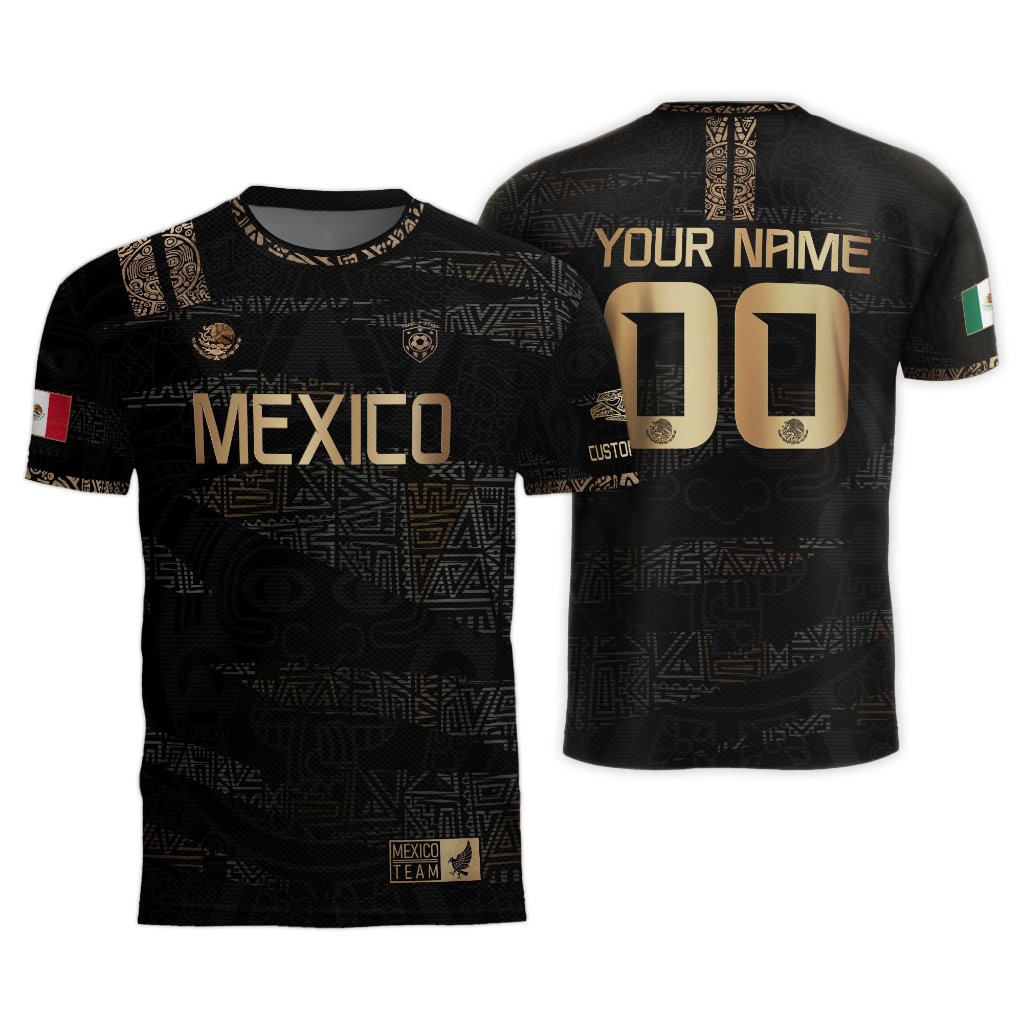Custom Mexico Soccer Jersey Black Gold Aztec Design