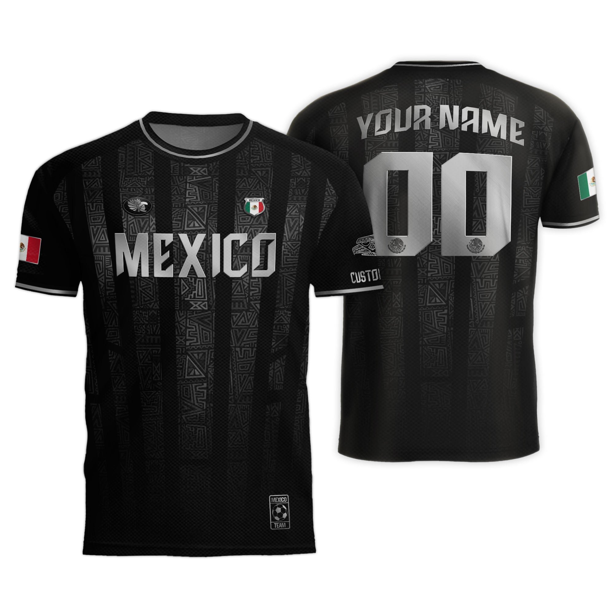 Custom Mexico Black Silver Aztec Pattern Soccer Jersey