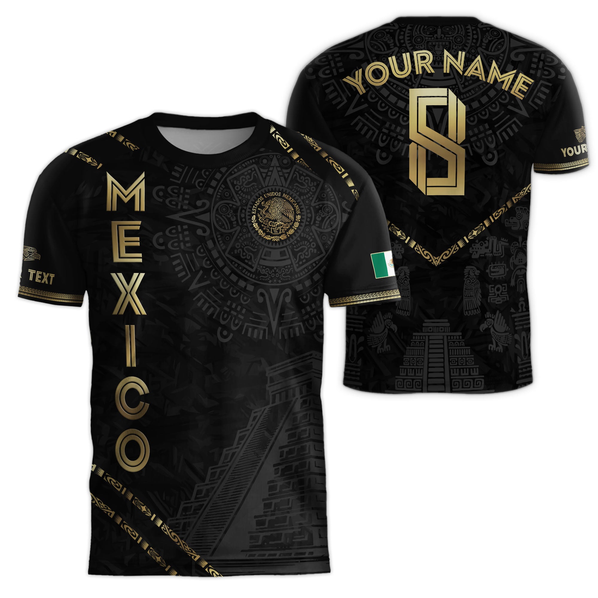 Custom Mexico Black Gold Aztec Calendar Pyramid Design Soccer Jersey