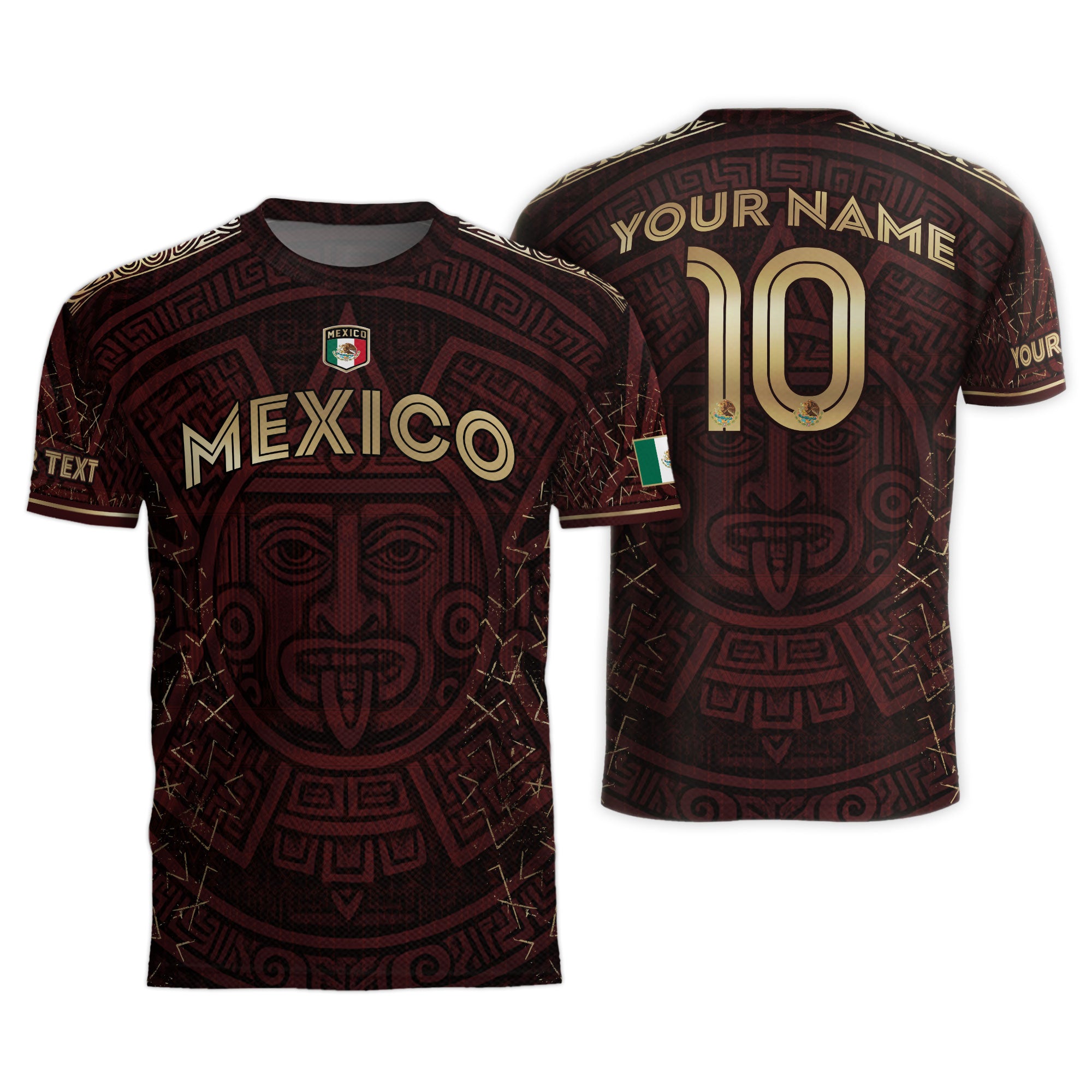 Custom Soccer Jersey Mexico Burgundy Gold Aztec Sun Design