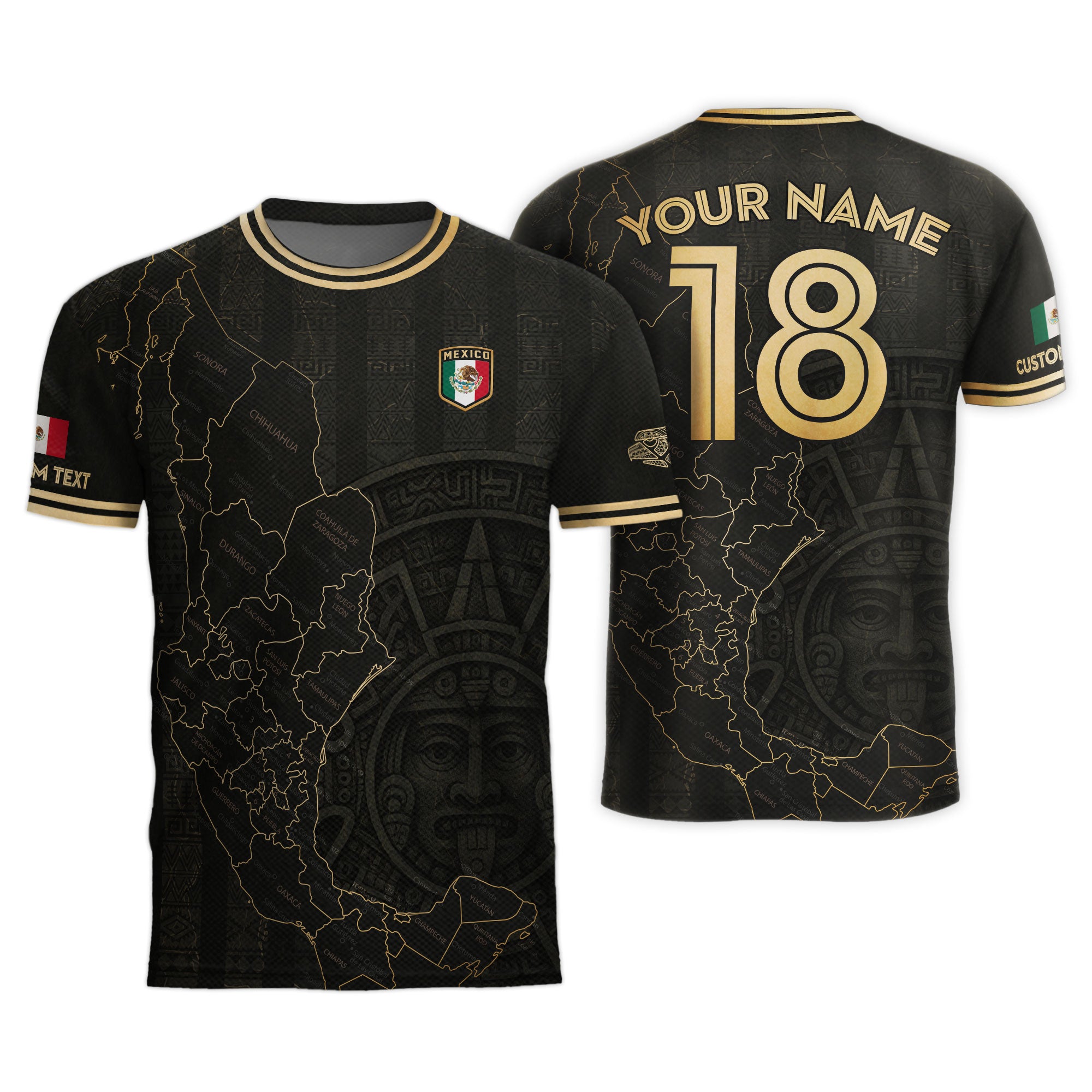 Custom Mexico Black Gold Map Aztec Sun Design Soccer Jersey