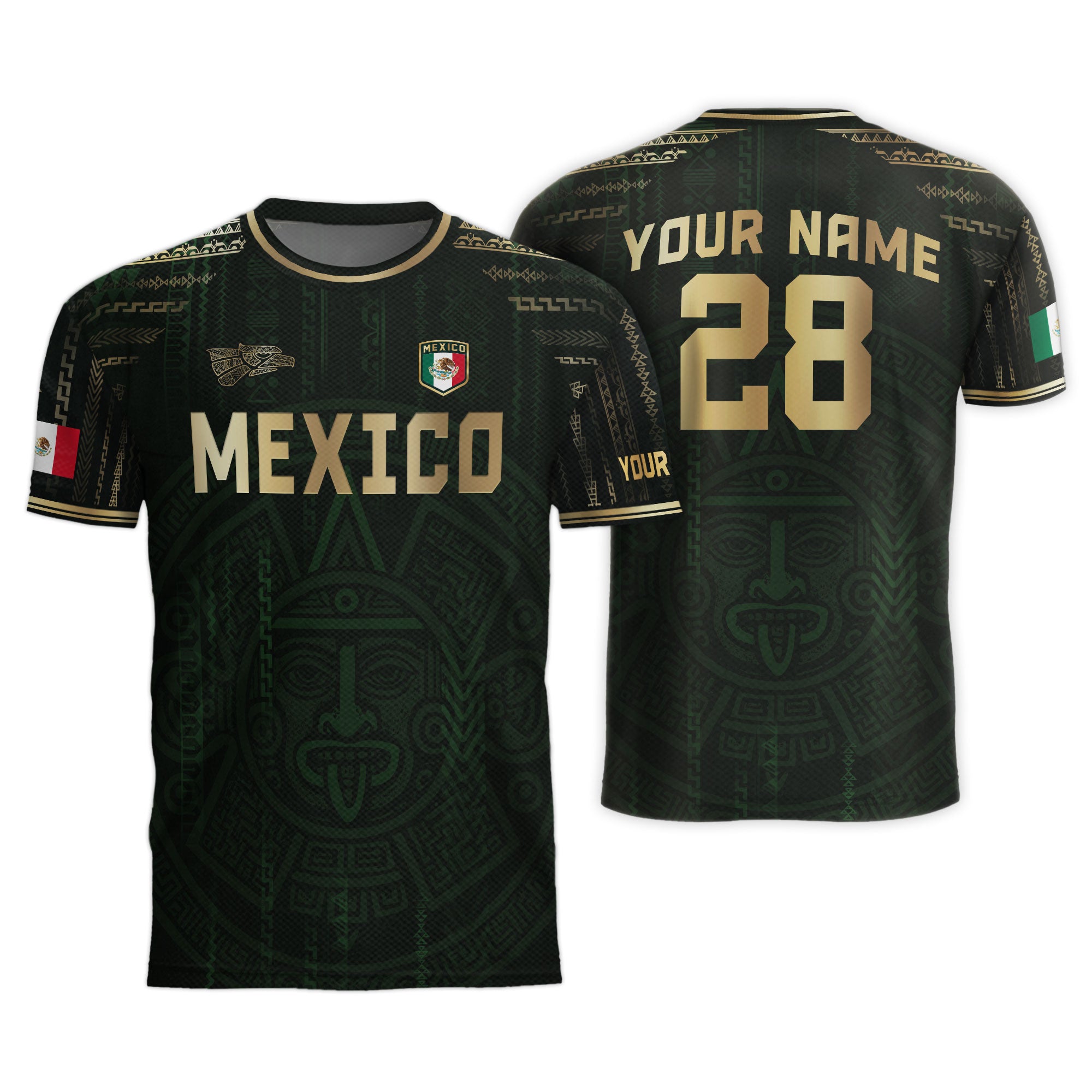 Custom Mexico Dark Green Gold Aztec Sun Design Soccer Jersey